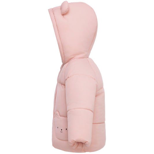 Baby Girls Puffer Jacket Fleece Lined Bear Ears Puffer Jacket - Pink
