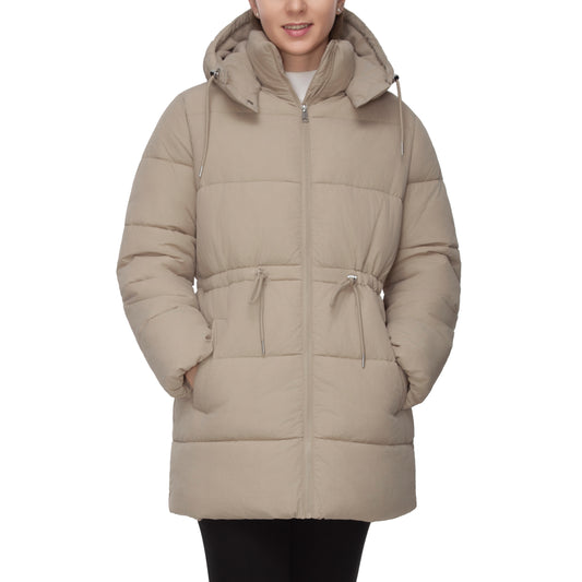 Women's Winter Puffer Jacket Cinch Waist Fleece Hood Parka Coat - Khaki