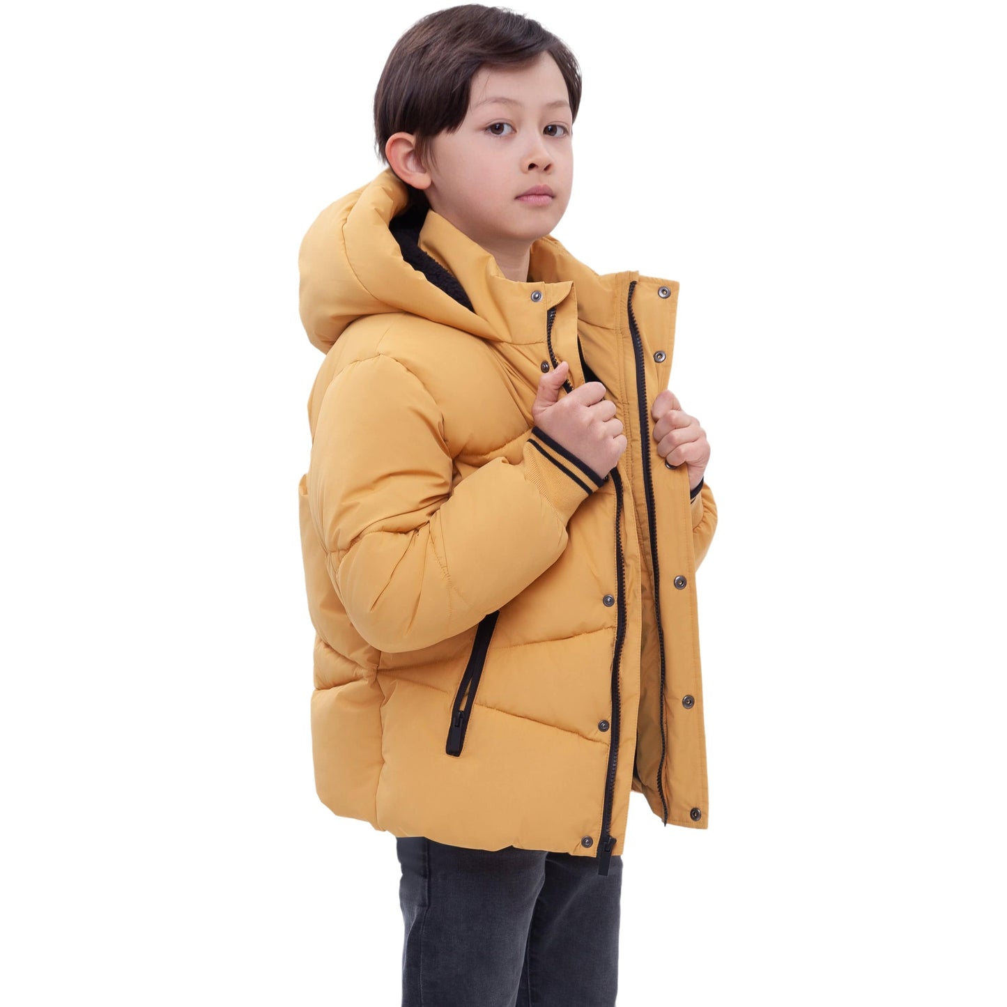 Boys' Hooded Puffer Jacket Water Resistant Warm Insulated Winter Coat - Amber Yellow Coats & Jackets Rokka&Rolla