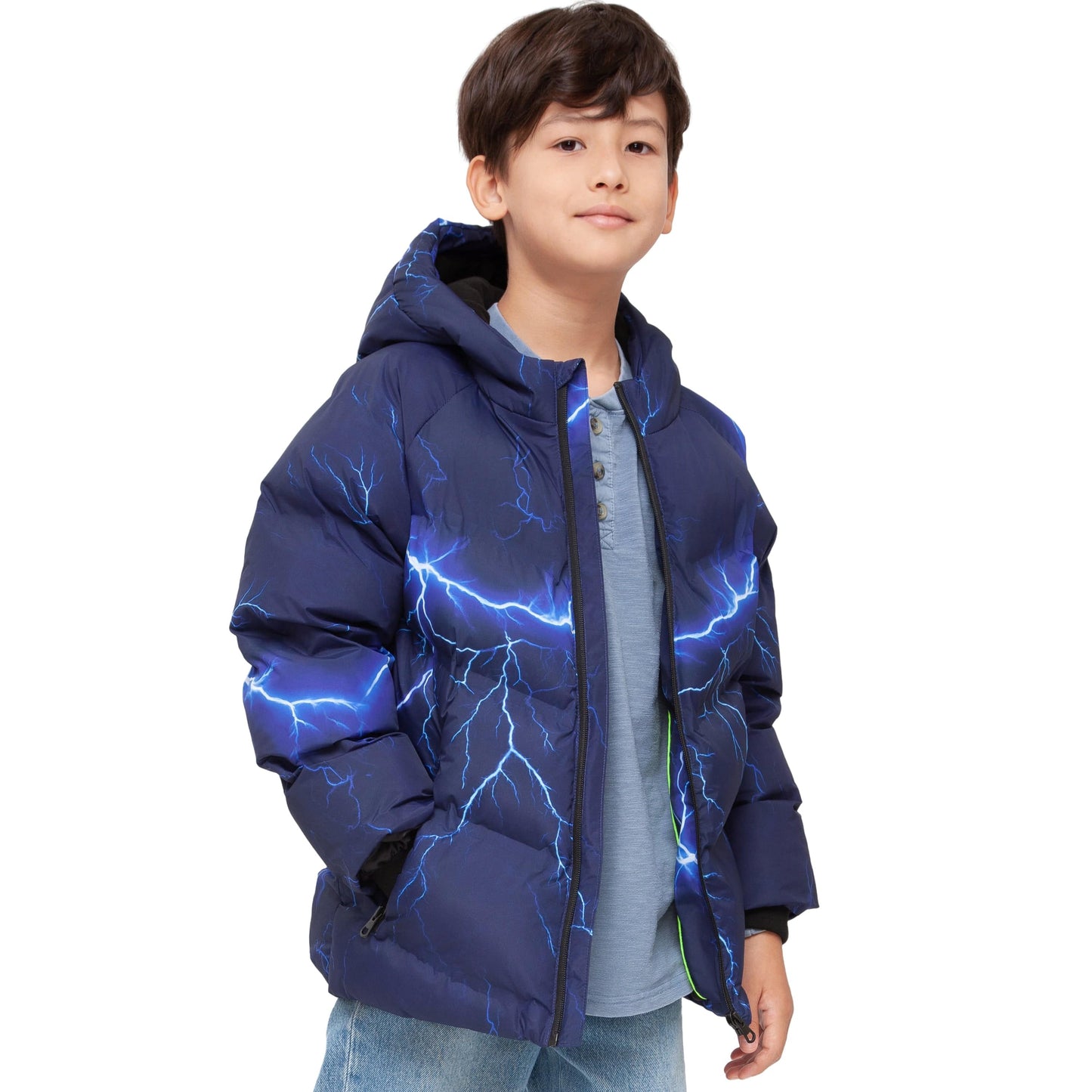 Boys Hooded Puffer Jacket with Reflective Detail Fleece Lined Youth Winter Coat - Electric Blue Coats & Jackets Rokka&Rolla