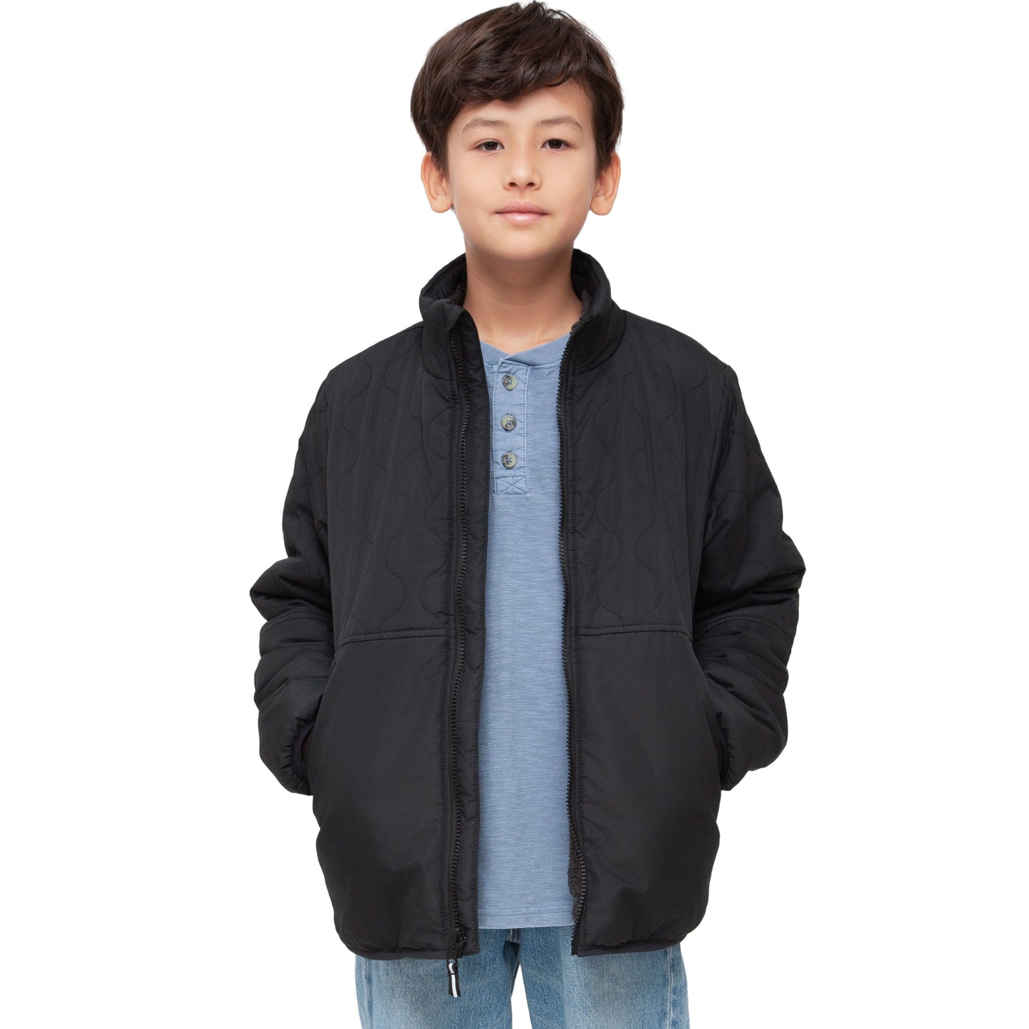 Boys Reversible Puffer Fleece Jacket Water Resistant Warm Outerwear - Black Coats & Jackets Rokka&Rolla