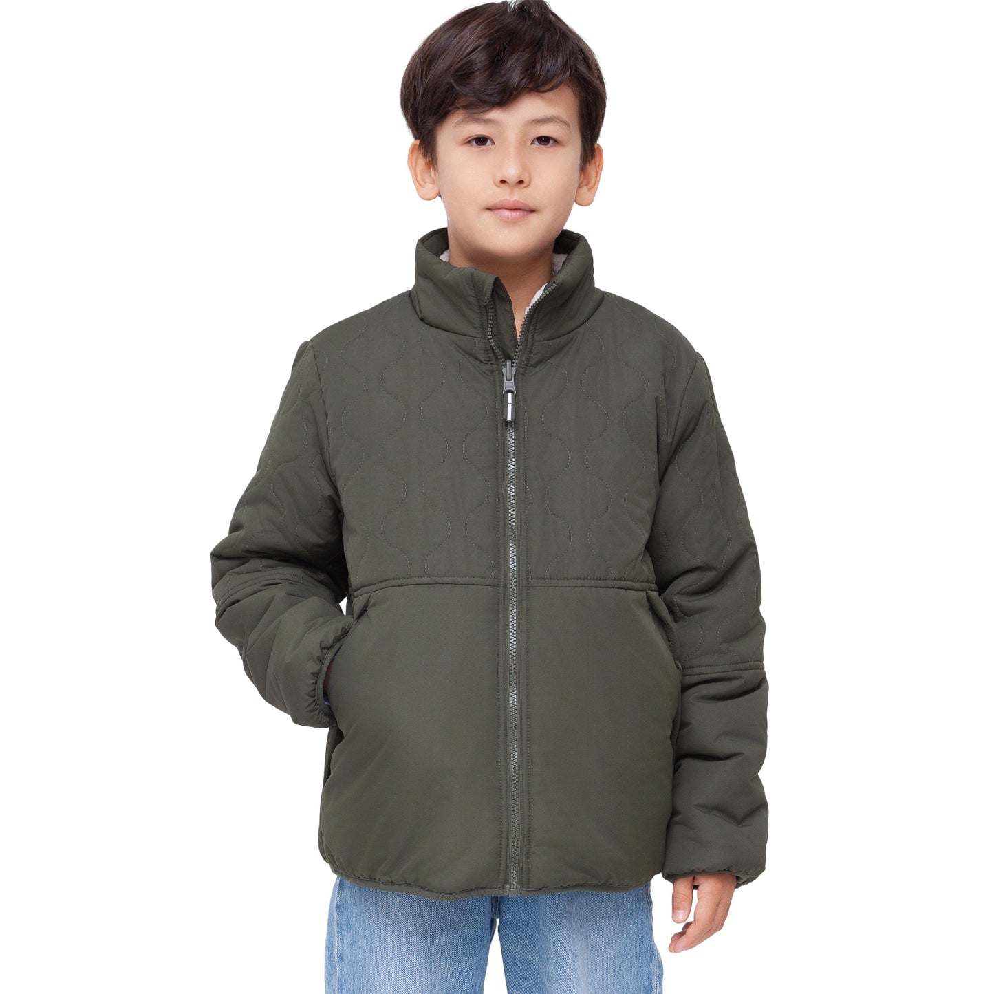 Boys Reversible Puffer Fleece Jacket Water Resistant Warm Outerwear - Olive Coats & Jackets Rokka&Rolla