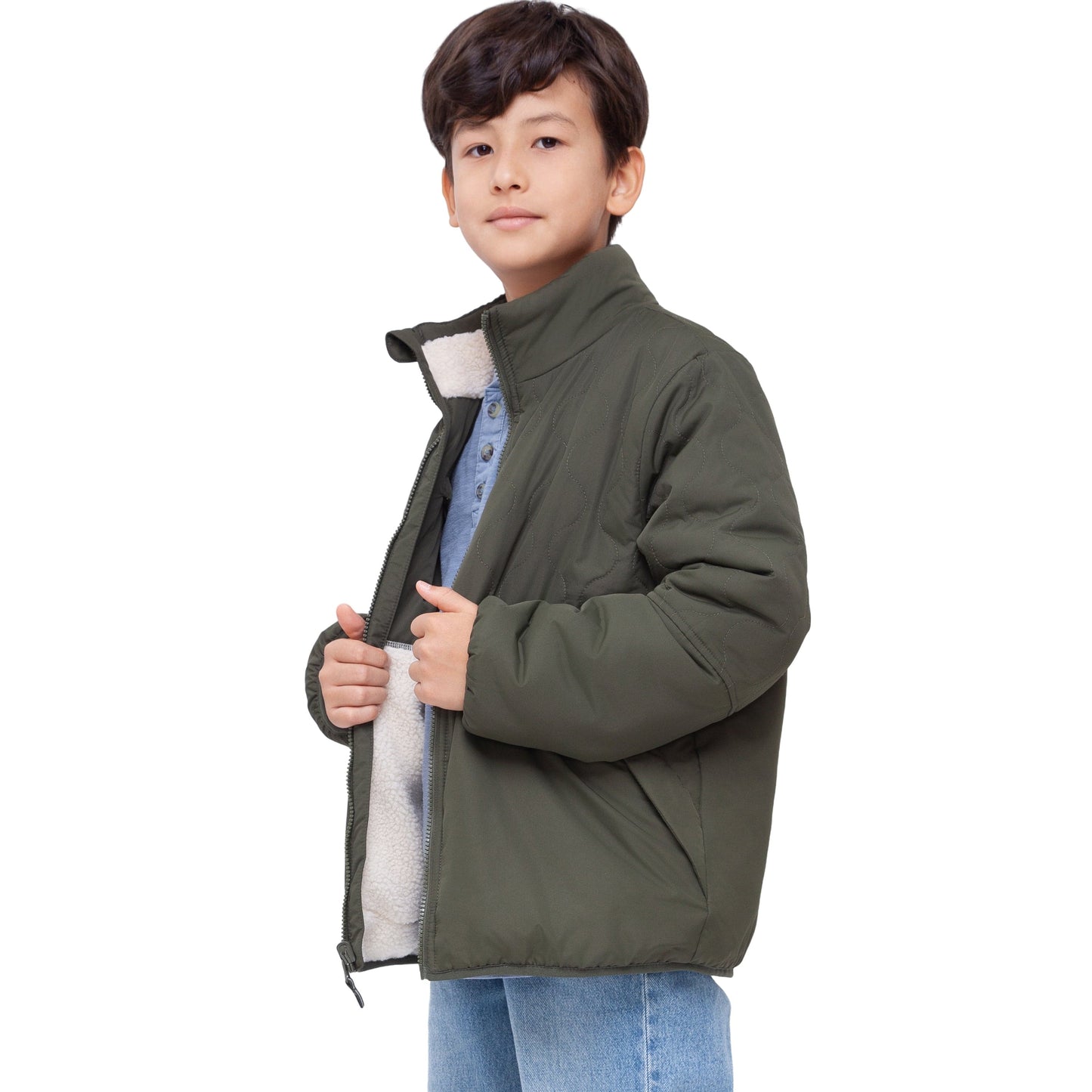 Boys Reversible Puffer Fleece Jacket Water Resistant Warm Outerwear - Olive Coats & Jackets Rokka&Rolla
