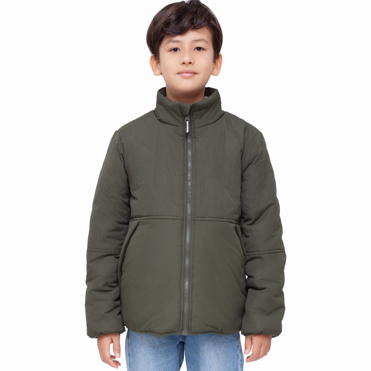 Boys Reversible Puffer Fleece Jacket Water Resistant Warm Outerwear - Olive Coats & Jackets Rokka&Rolla