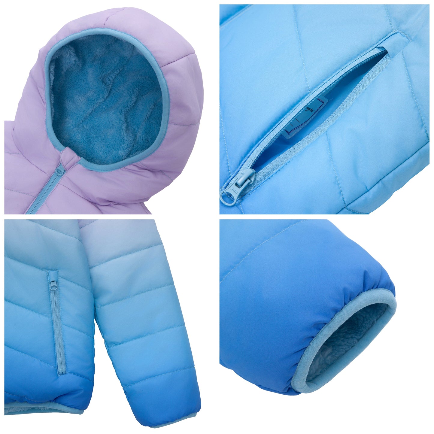 Girls Reversible Puffer Jacket with Gradient Print Solid Color Quilted Outerwear - Icy Blue Gradient Coats & Jackets Rokka&Rolla