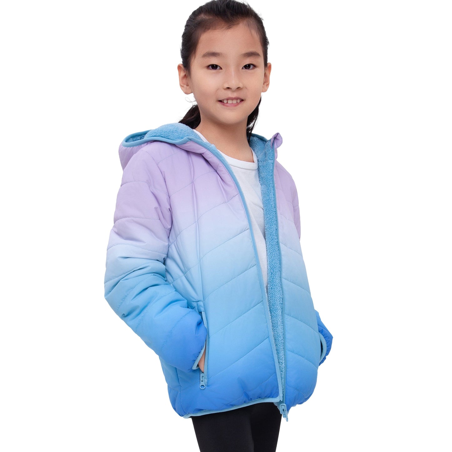 Girls Reversible Puffer Jacket with Gradient Print Solid Color Quilted Outerwear - Icy Blue Gradient Coats & Jackets Rokka&Rolla