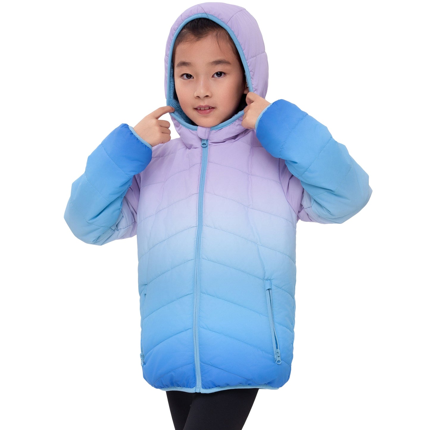 Girls Reversible Puffer Jacket with Gradient Print Solid Color Quilted Outerwear - Icy Blue Gradient Coats & Jackets Rokka&Rolla