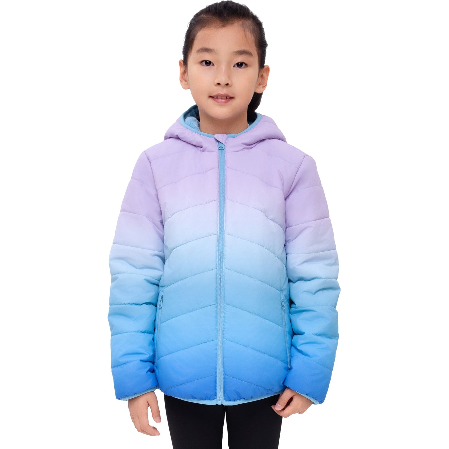 Girls Reversible Puffer Jacket with Gradient Print Solid Color Quilted Outerwear - Icy Blue Gradient Coats & Jackets Rokka&Rolla