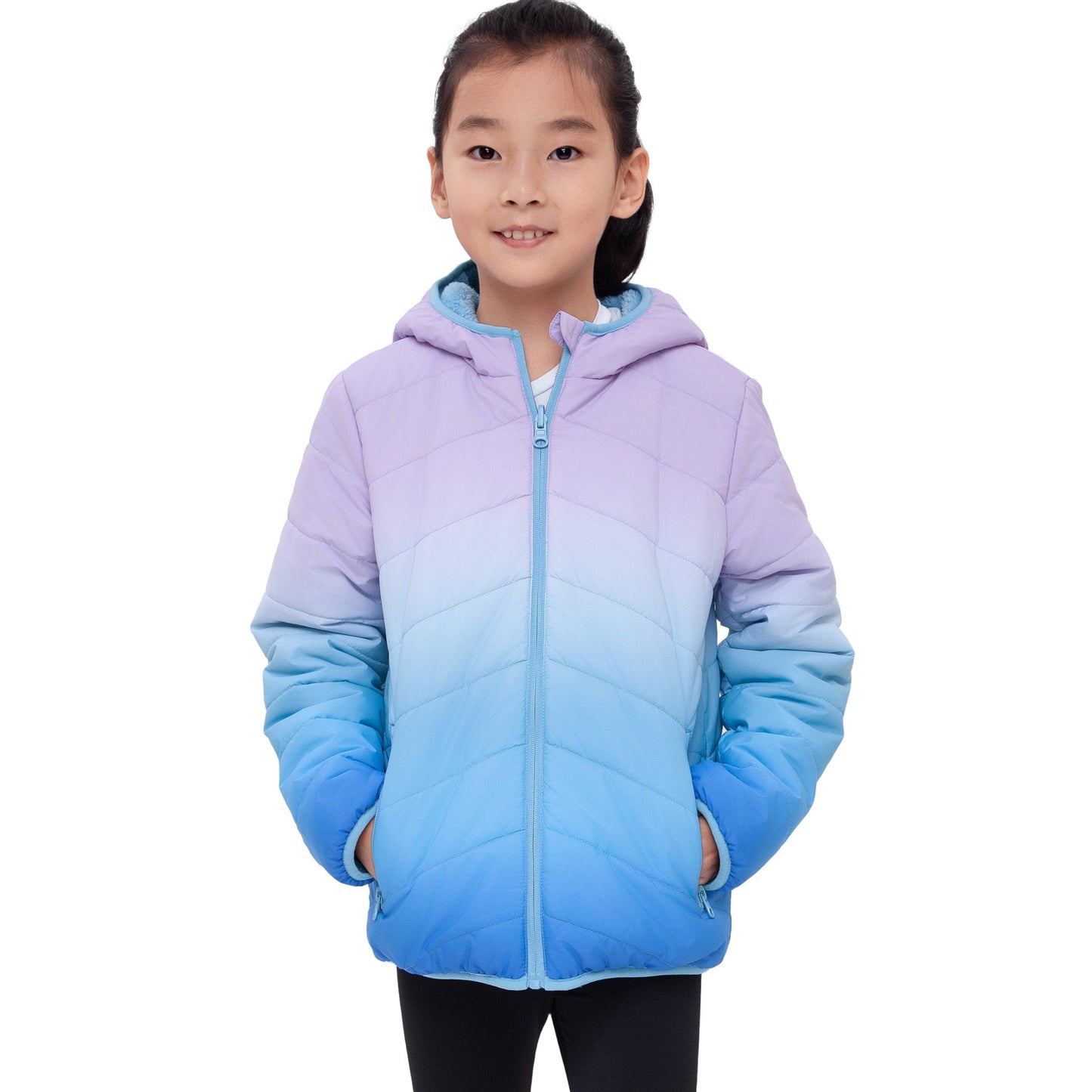 Girls Reversible Puffer Jacket with Gradient Print Solid Color Quilted Outerwear - Icy Blue Gradient Coats & Jackets Rokka&Rolla