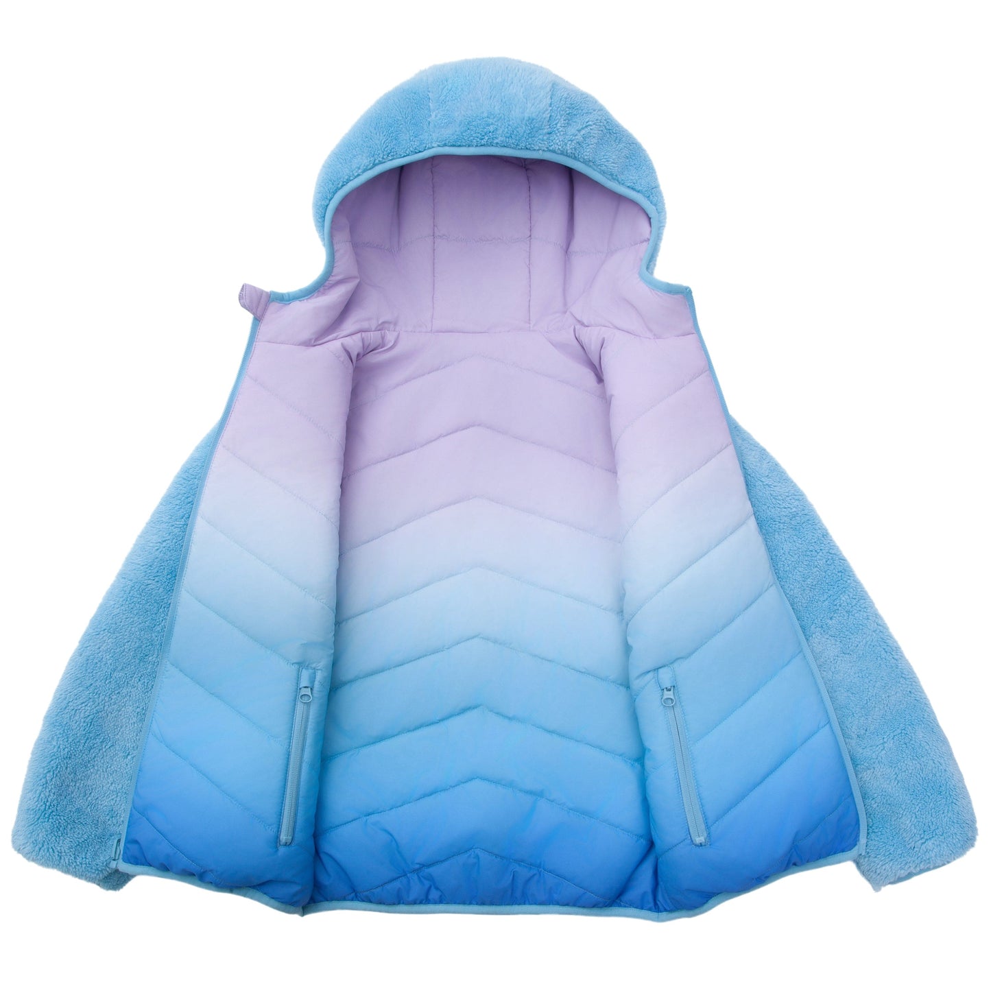Girls Reversible Puffer Jacket with Gradient Print Solid Color Quilted Outerwear - Icy Blue Gradient Coats & Jackets Rokka&Rolla