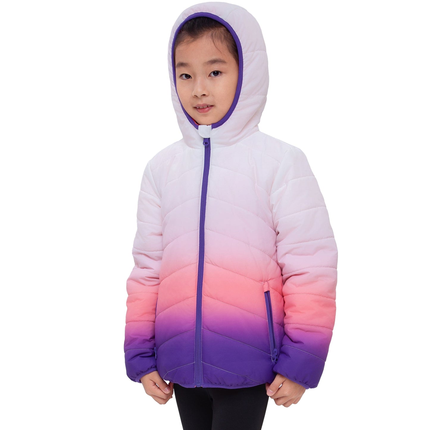 Girls Reversible Puffer Jacket with Gradient Print Solid Color Quilted Outerwear - Rose Quartz Gradient Coats & Jackets Rokka&Rolla
