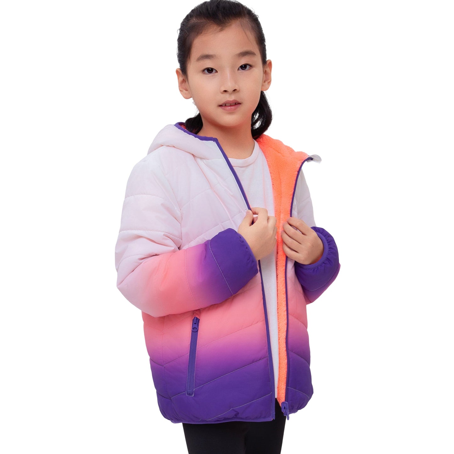 Girls Reversible Puffer Jacket with Gradient Print Solid Color Quilted Outerwear - Rose Quartz Gradient Coats & Jackets Rokka&Rolla