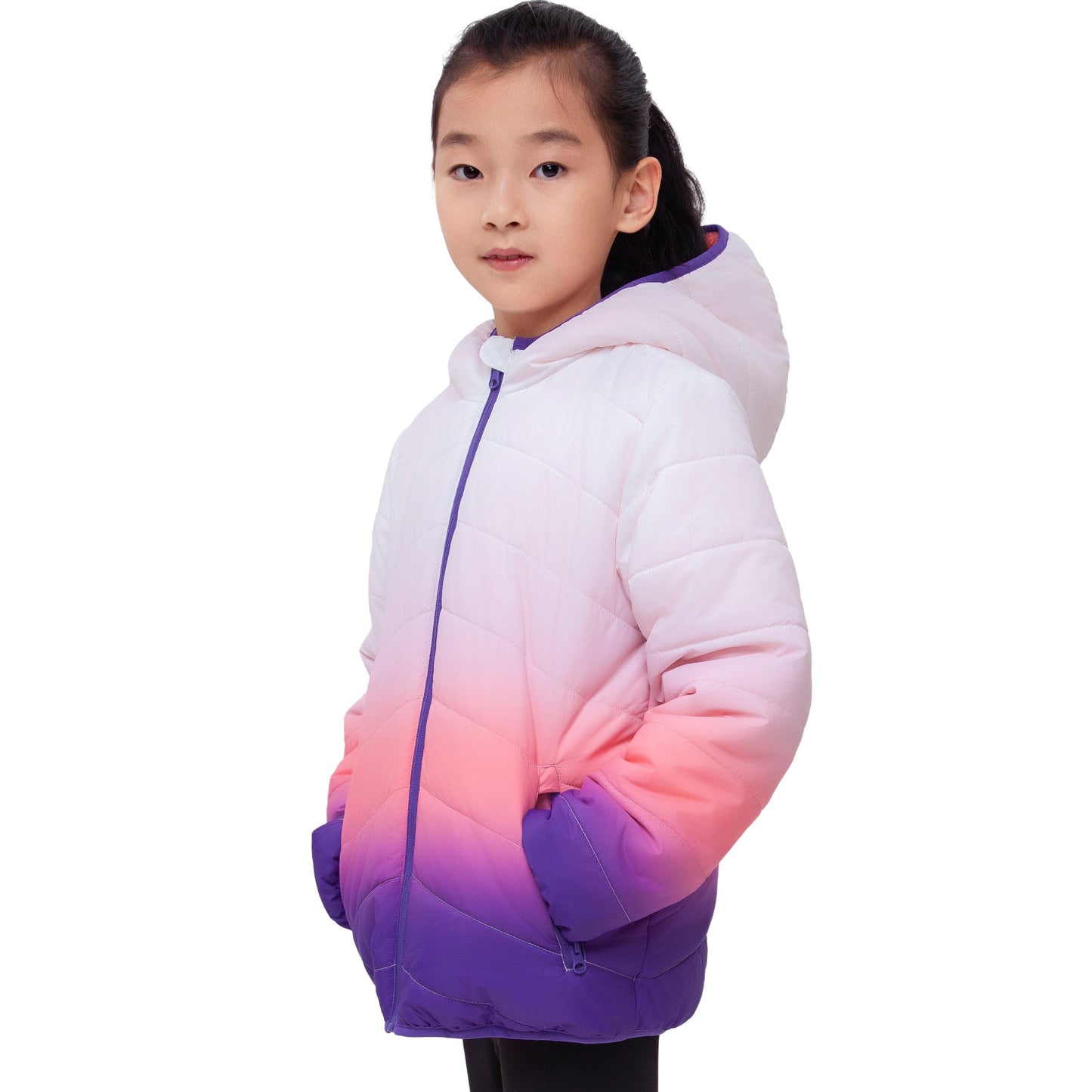 Girls Reversible Puffer Jacket with Gradient Print Solid Color Quilted Outerwear - Rose Quartz Gradient Coats & Jackets Rokka&Rolla