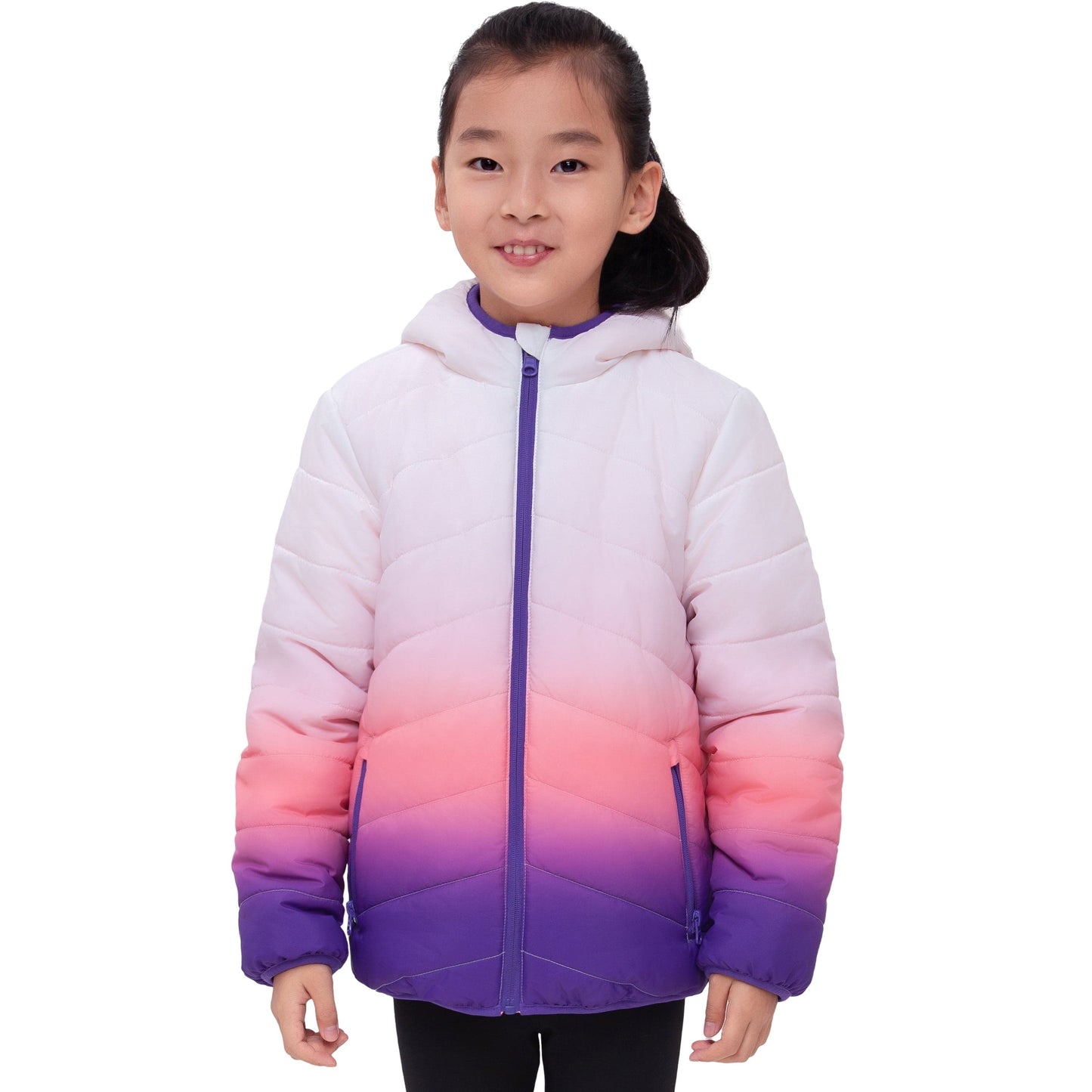 Girls Reversible Puffer Jacket with Gradient Print Solid Color Quilted Outerwear - Rose Quartz Gradient Coats & Jackets Rokka&Rolla
