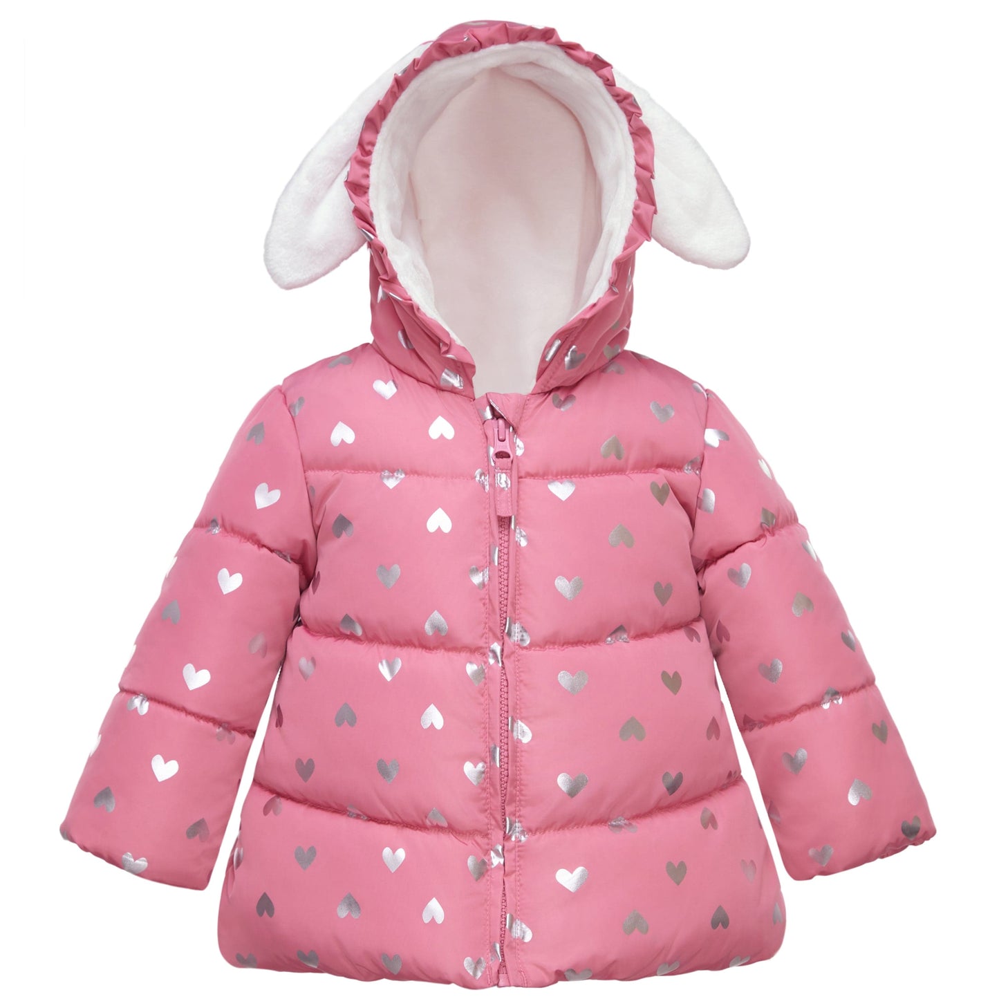 Infant Girls' Soft Fur Hooded Puffer Jacket Baby & Toddler Outerwear 6-9M / Pink Coral/Heart Foil Print Rokka & Rolla