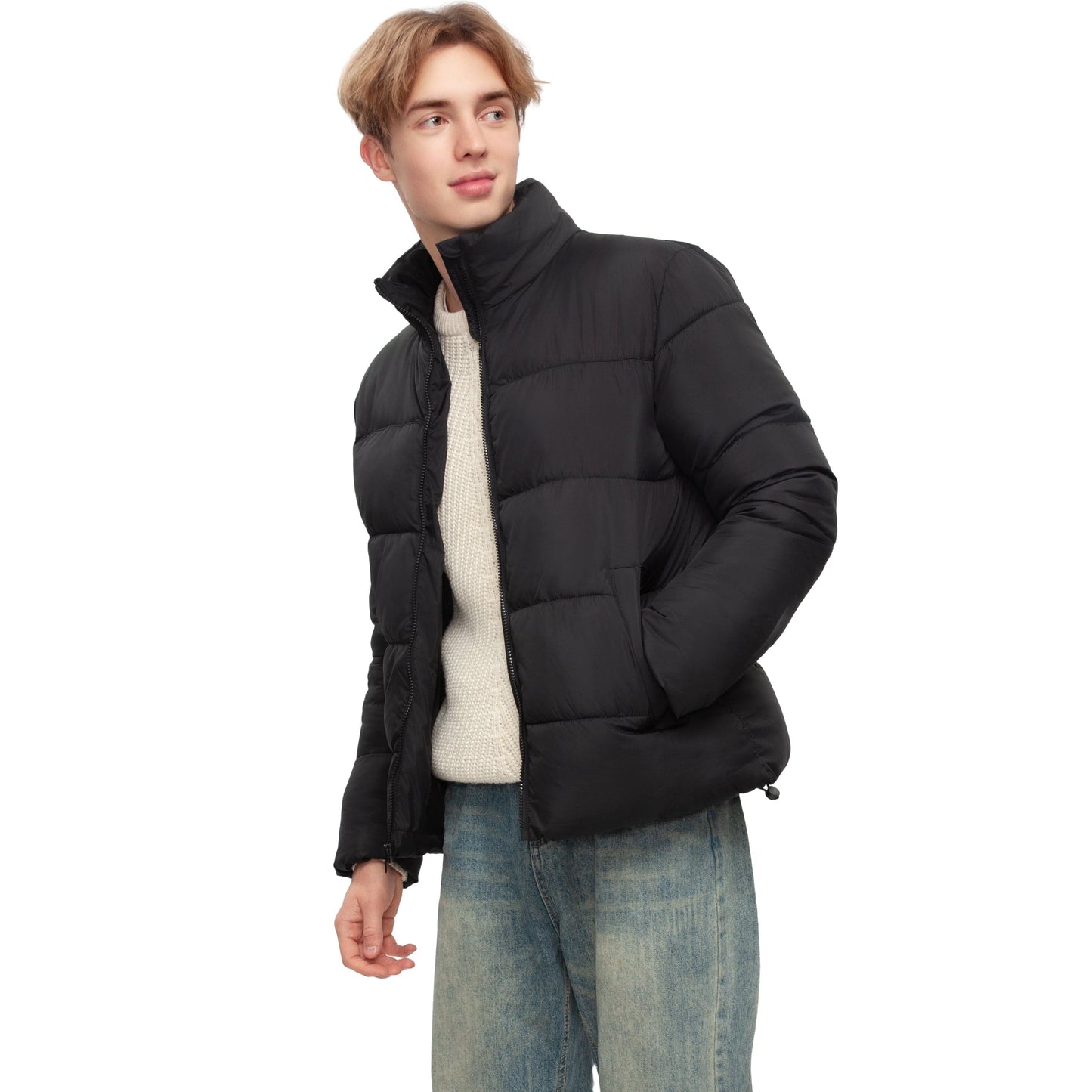 Men's Essential Puffer Jacket Water Resistant Insulated Winter Coat Stand Collar - Black Coats & Jackets Rokka&Rolla