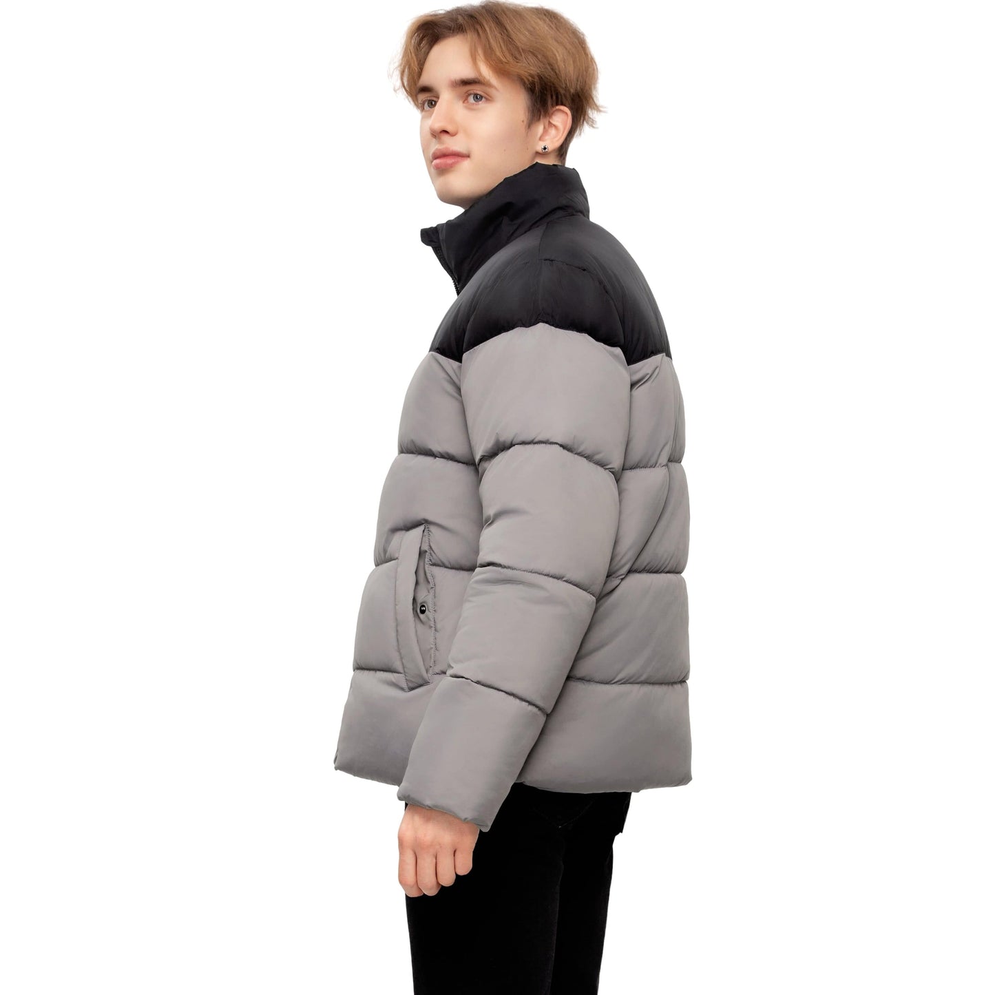 Men's Essential Puffer Jacket Water Resistant Insulated Winter Coat Stand Collar - Gray Coats & Jackets Rokka&Rolla