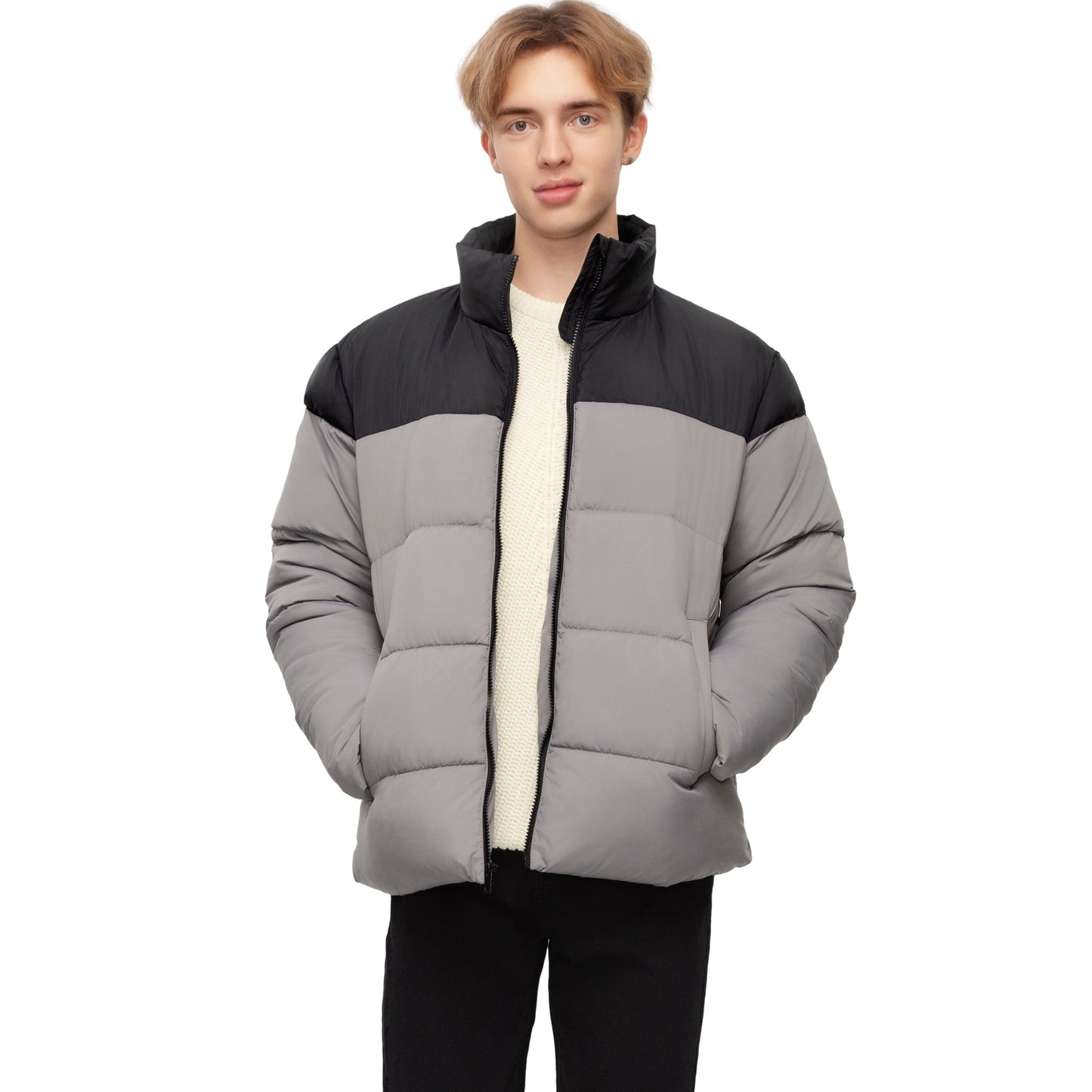 Men's Essential Puffer Jacket Water Resistant Insulated Winter Coat Stand Collar - Gray Coats & Jackets Rokka&Rolla
