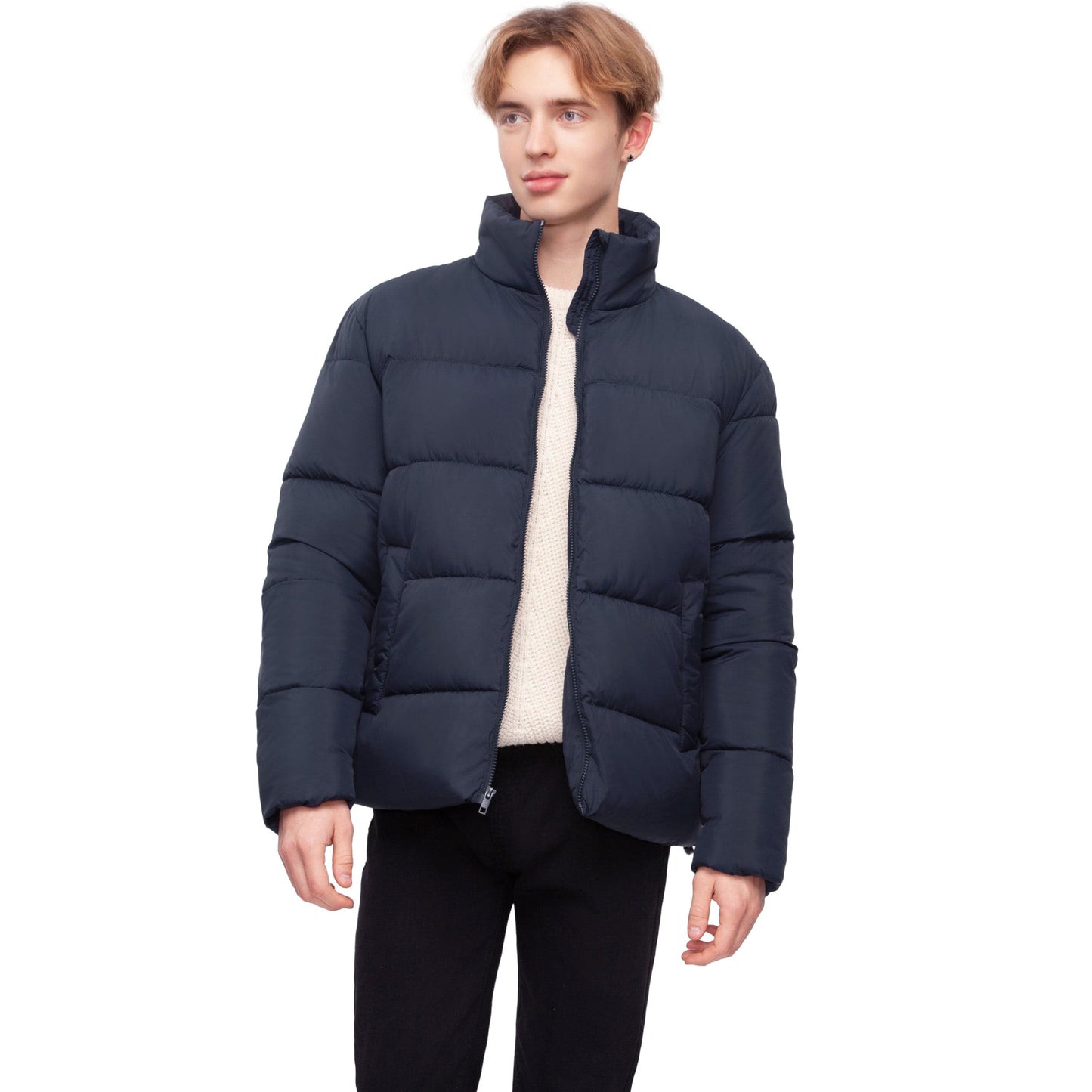 Men's Essential Puffer Jacket Water Resistant Insulated Winter Coat Stand Collar - Navy Coats & Jackets Rokka&Rolla
