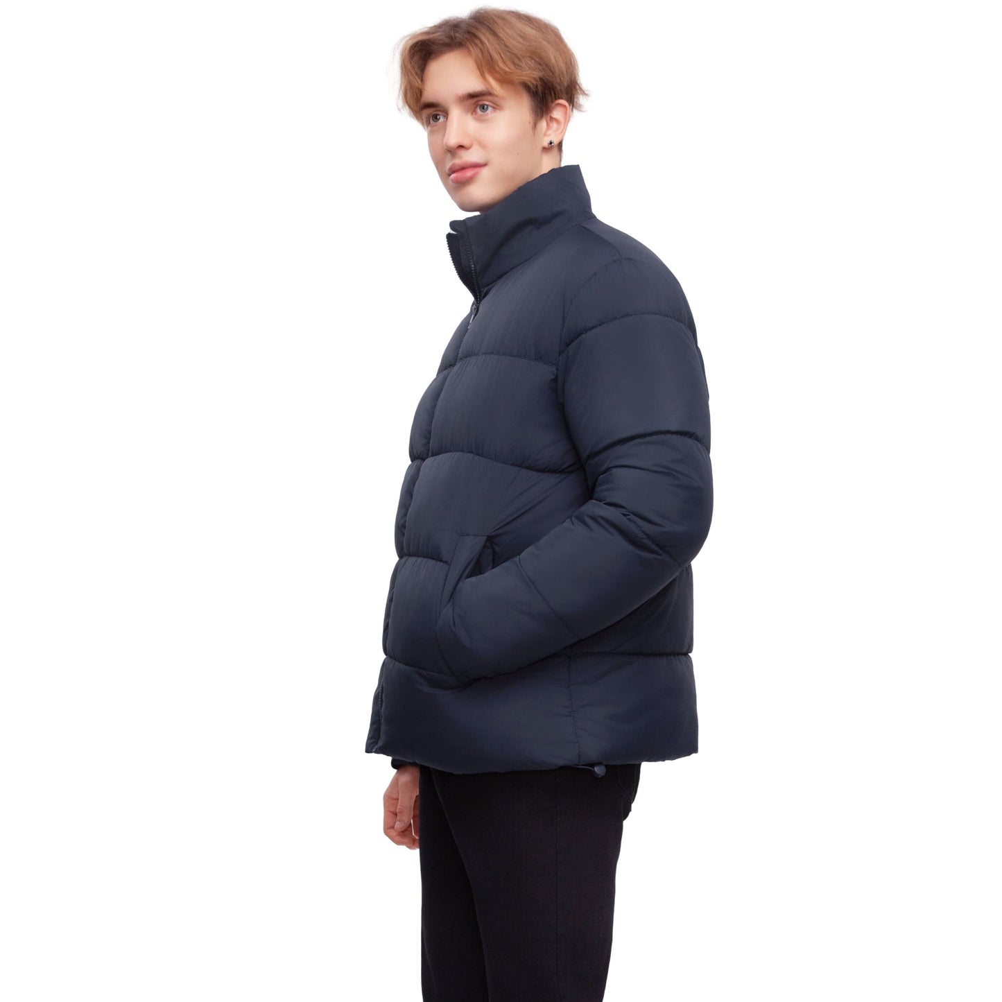 Men's Essential Puffer Jacket Water Resistant Insulated Winter Coat Stand Collar - Navy Coats & Jackets Rokka&Rolla
