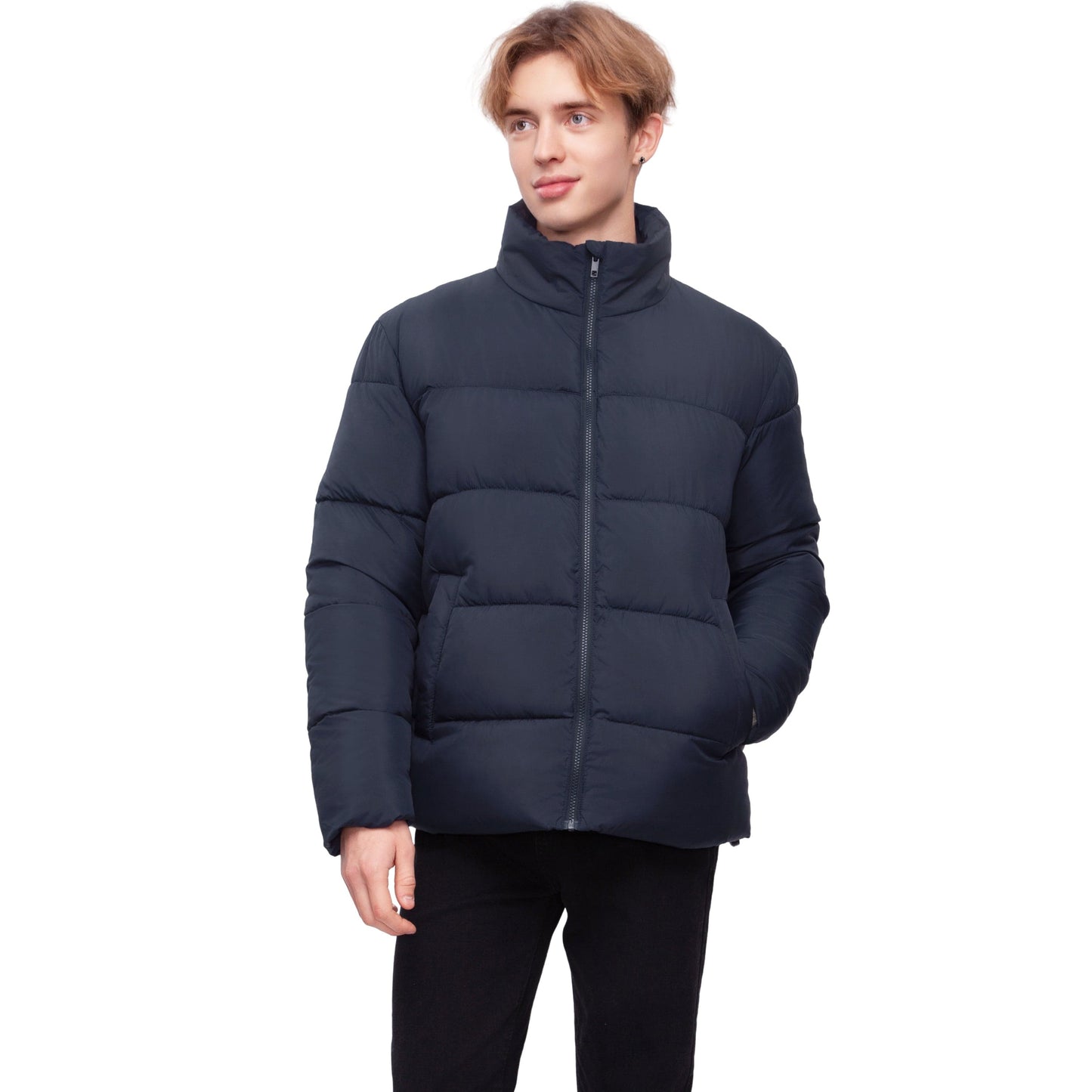 Men's Essential Puffer Jacket Water Resistant Insulated Winter Coat Stand Collar - Navy Coats & Jackets Rokka&Rolla