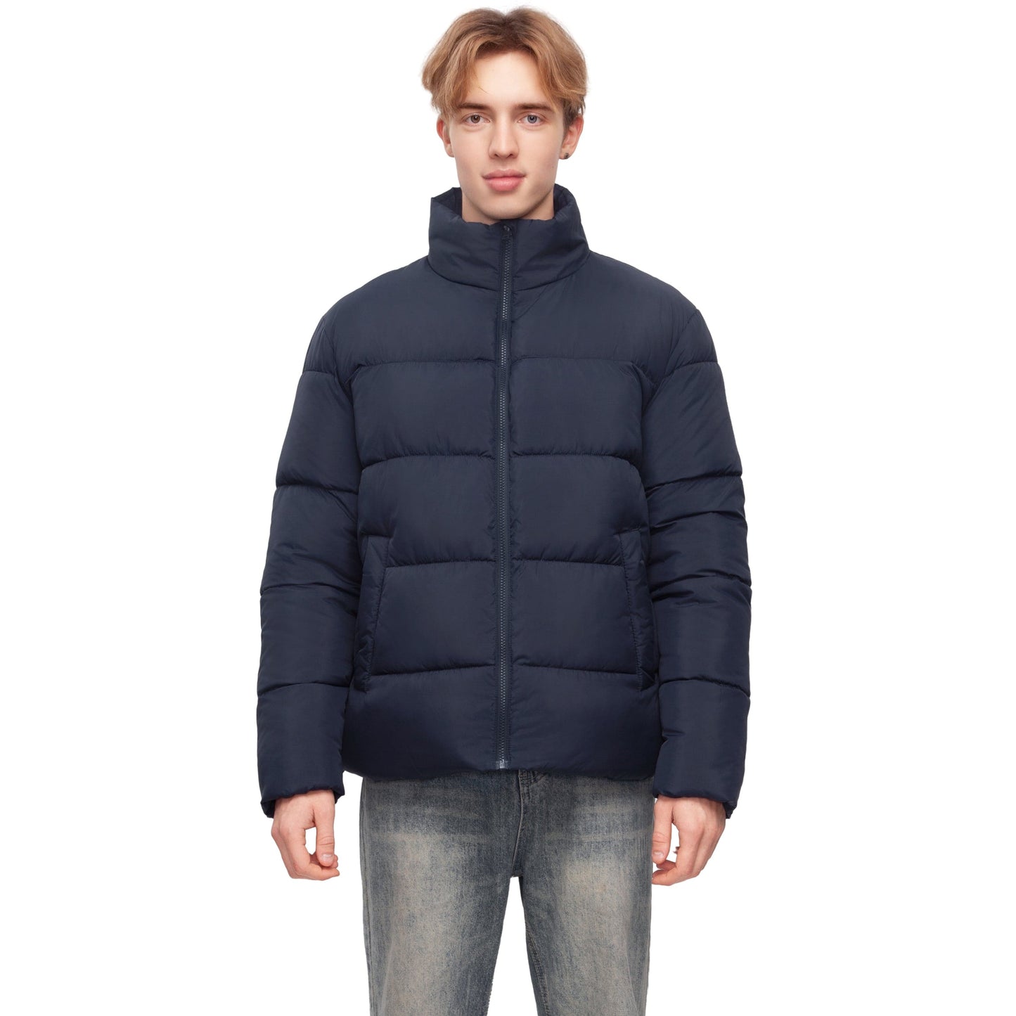 Men's Essential Puffer Jacket Water Resistant Insulated Winter Coat Stand Collar - Navy Coats & Jackets Rokka&Rolla
