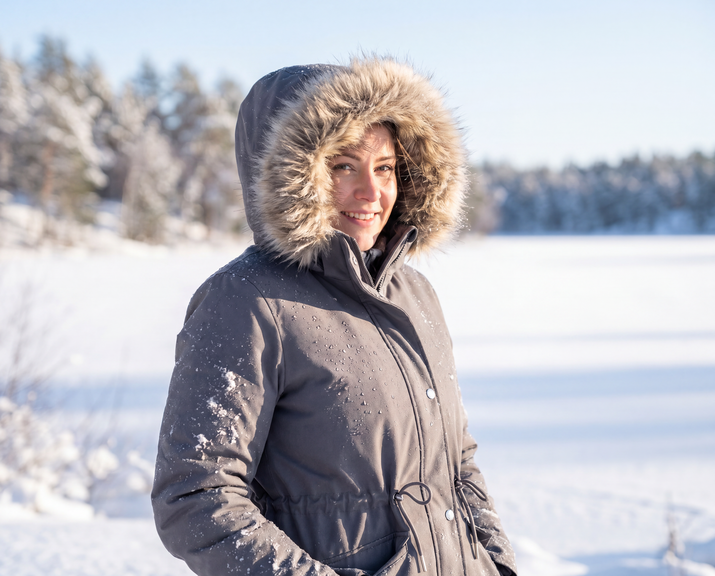 Women's Lightweight Parka Jacket with Faux Fur Hood