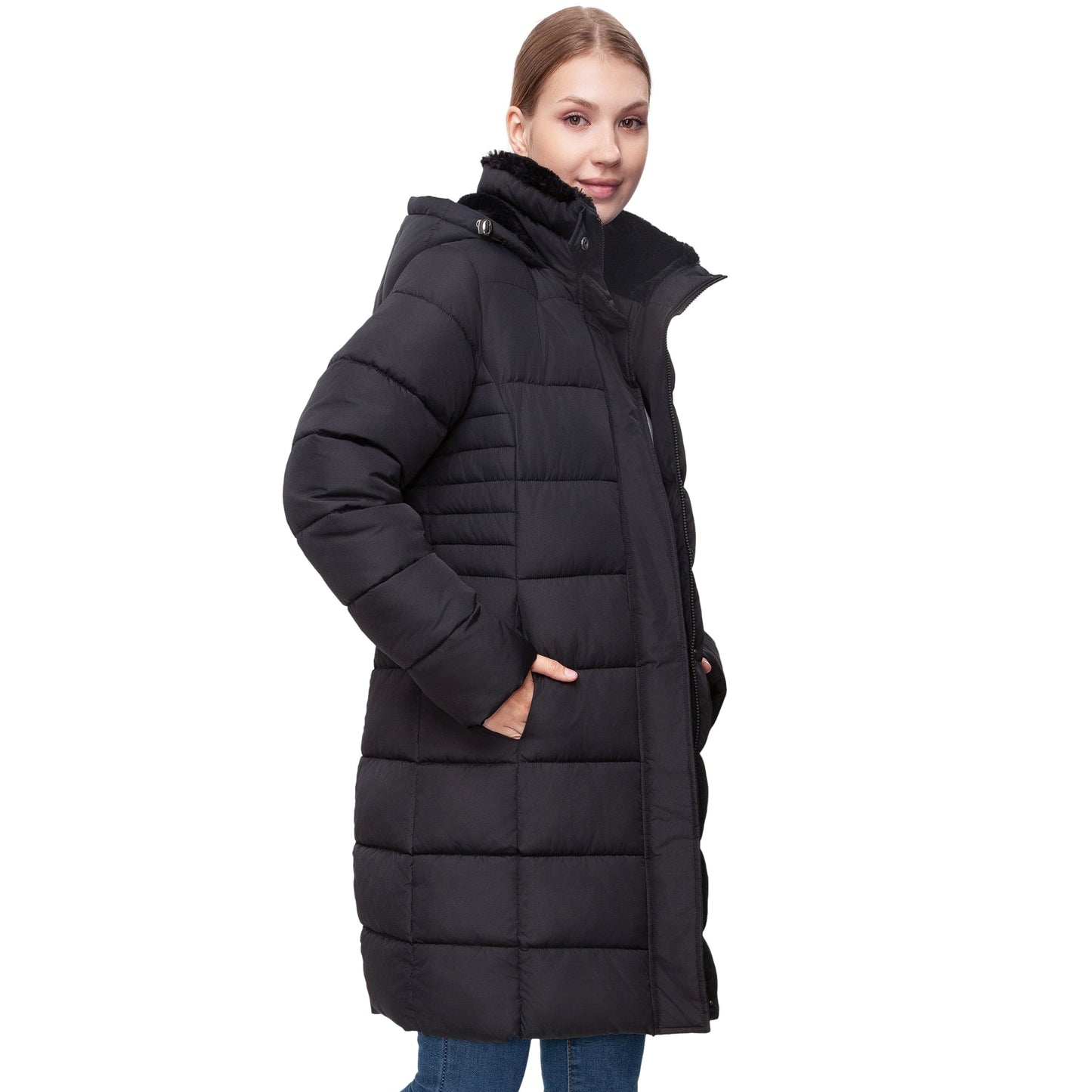 Women's Hooded Winter Long Coat Water Resistant Puffer Jacket Insulated Full Length Warm Outerwear - Black Coats & Jackets Rokka&Rolla