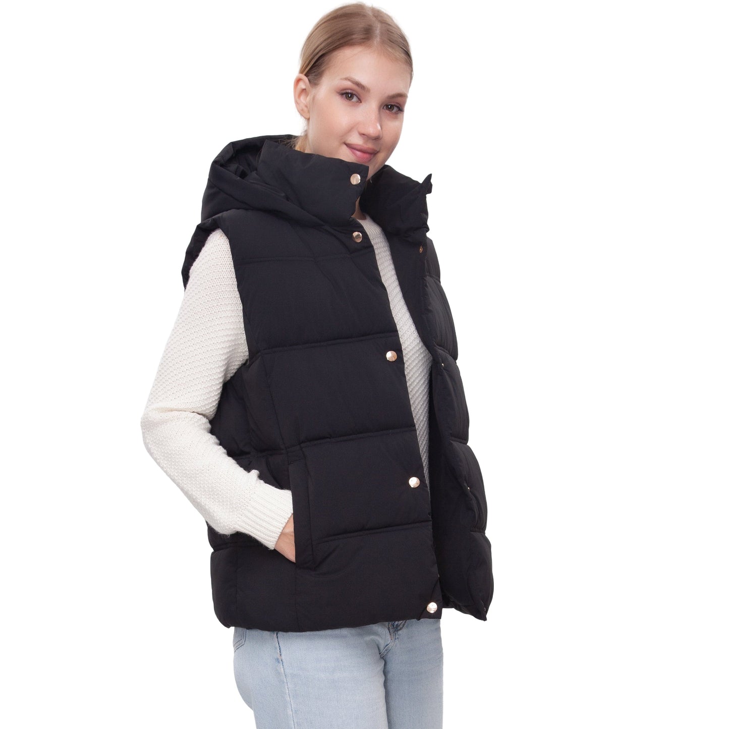 Women's Puffer Hooded Quilted Sleeveless Jacket Insulated Vest -Black Coats & Jackets Rokka&Rolla
