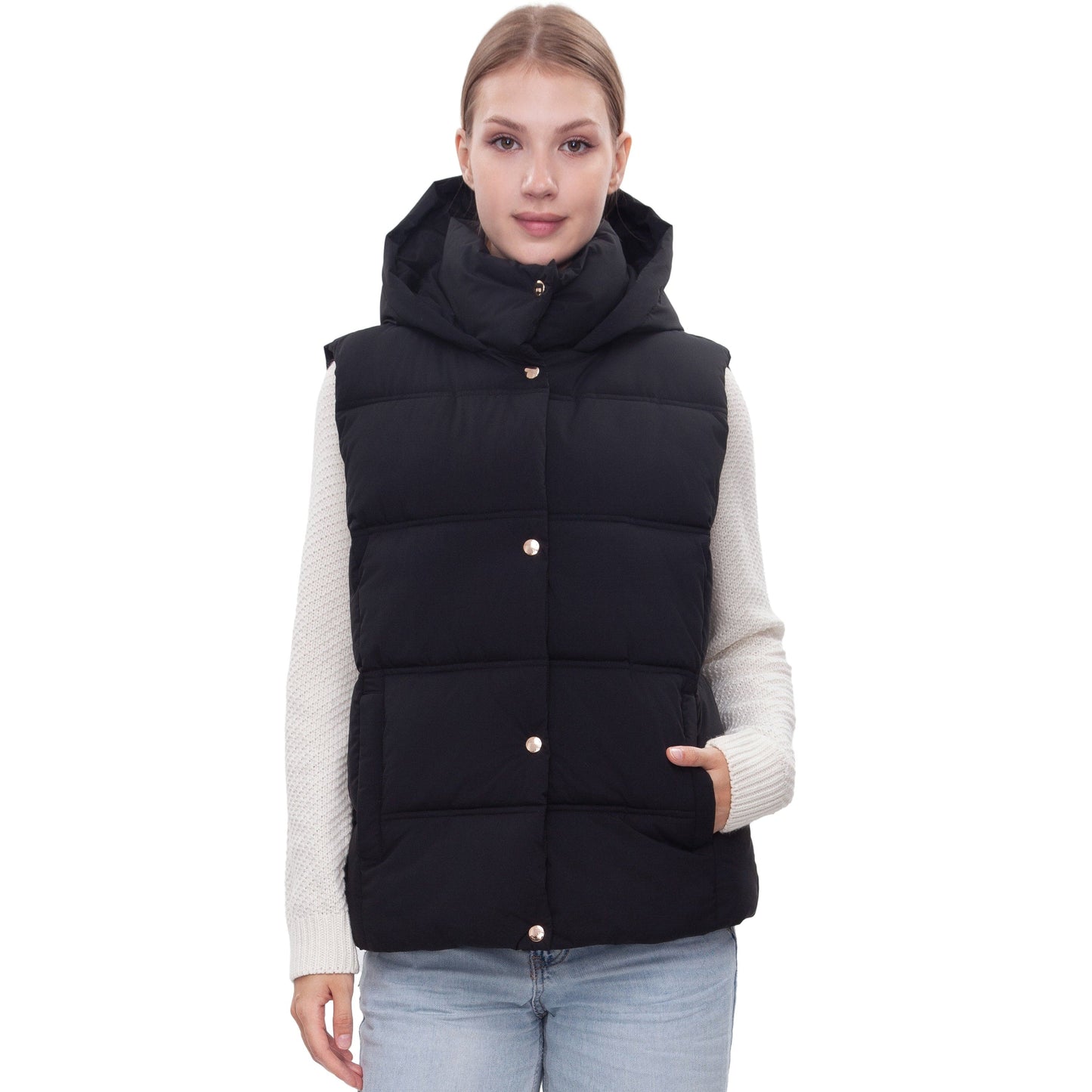 Women's Puffer Hooded Quilted Sleeveless Jacket Insulated Vest -Black Coats & Jackets Rokka&Rolla