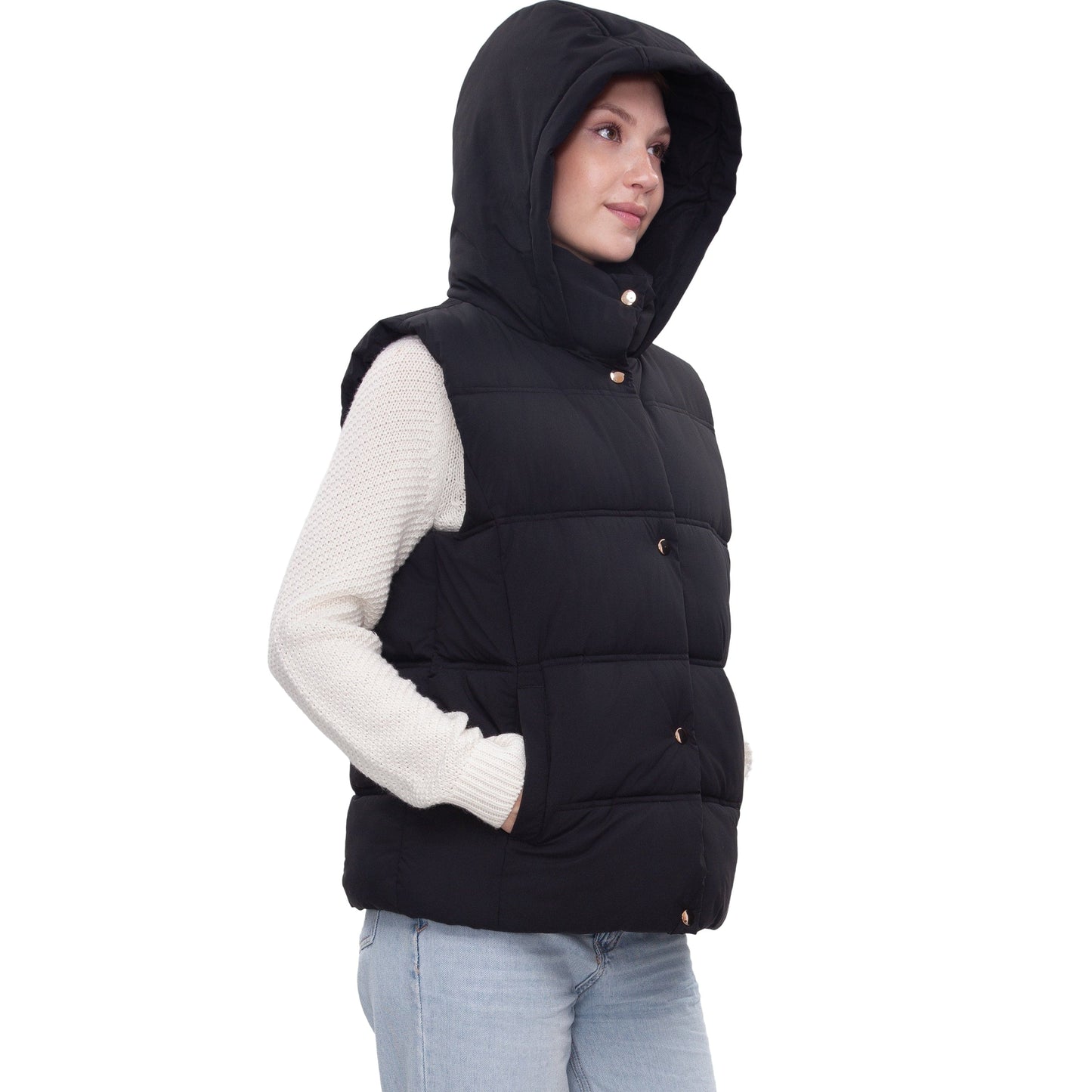 Women's Puffer Hooded Quilted Sleeveless Jacket Insulated Vest -Black Coats & Jackets Rokka&Rolla
