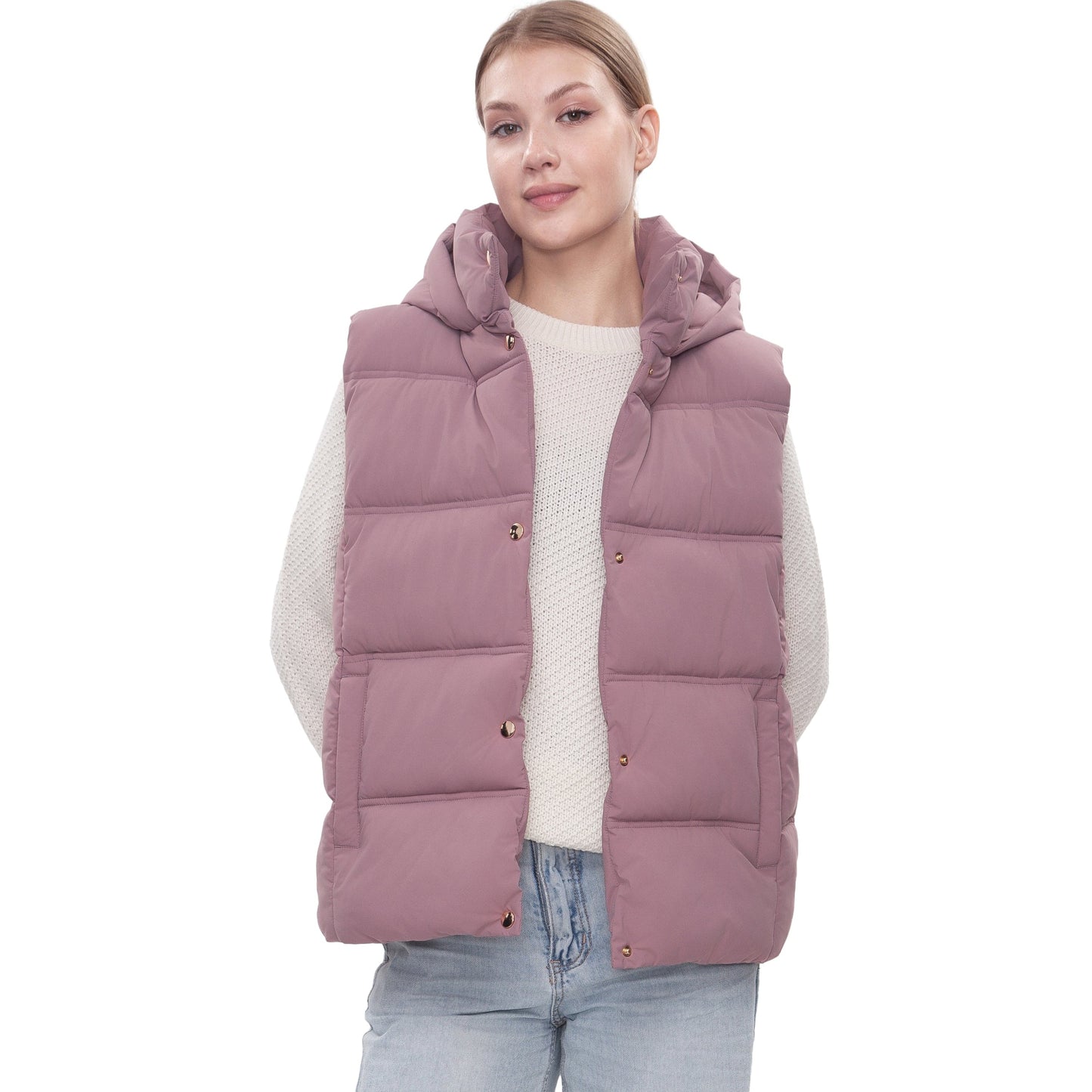 Women's Puffer Hooded Quilted Sleeveless Jacket Insulated Vest - Mauve Coats & Jackets Rokka&Rolla