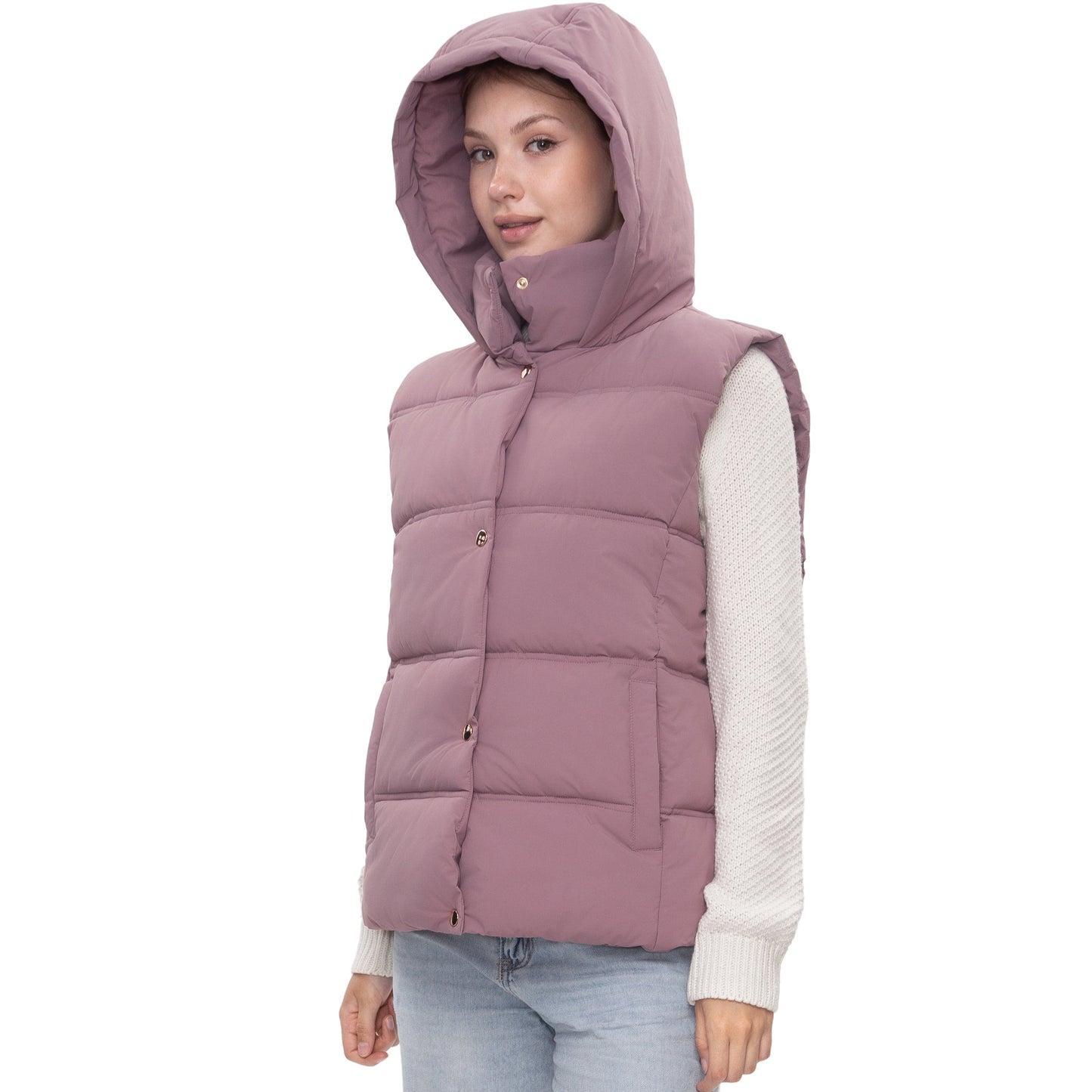 Women's Puffer Hooded Quilted Sleeveless Jacket Insulated Vest - Mauve Coats & Jackets Rokka&Rolla
