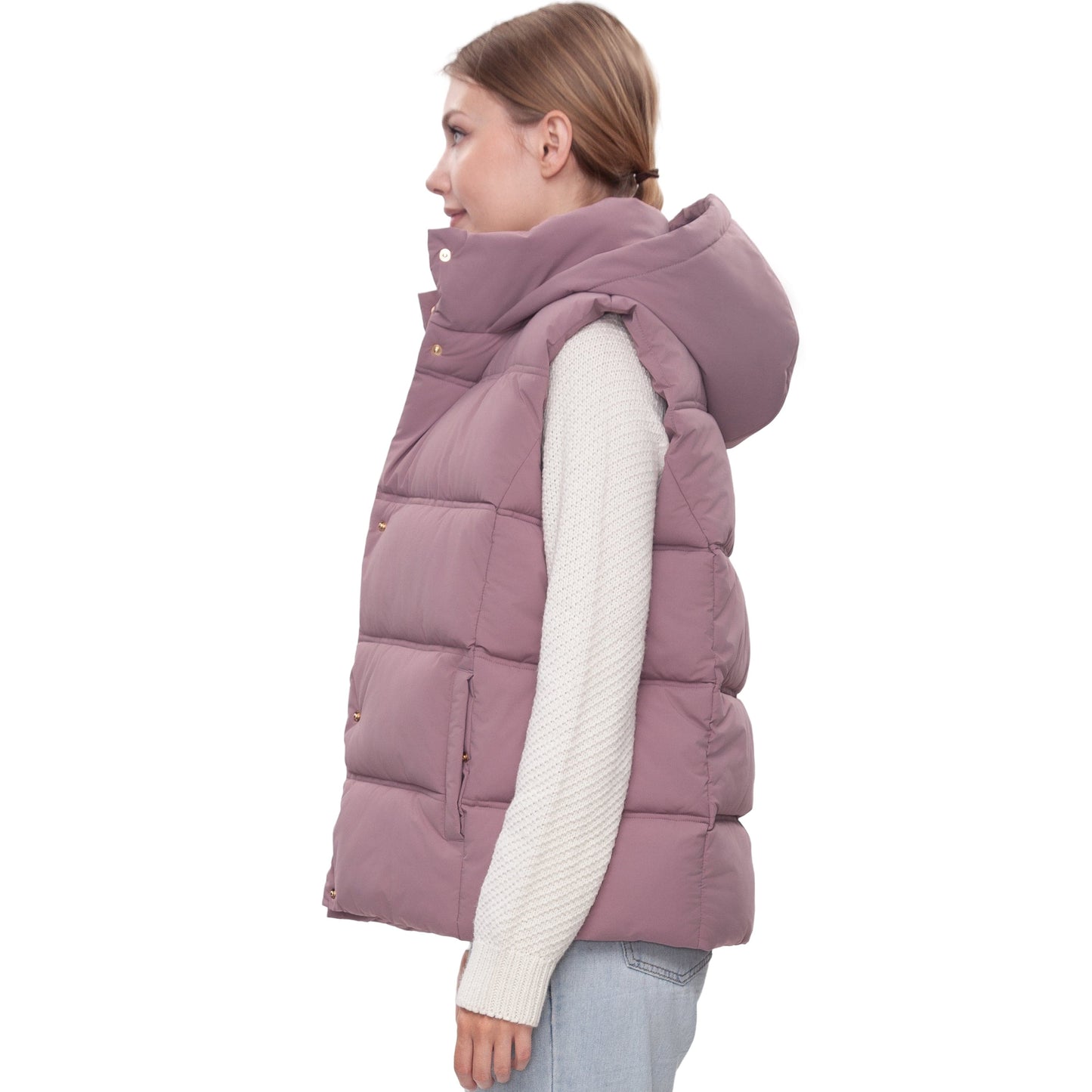 Women's Puffer Hooded Quilted Sleeveless Jacket Insulated Vest - Mauve Coats & Jackets Rokka&Rolla