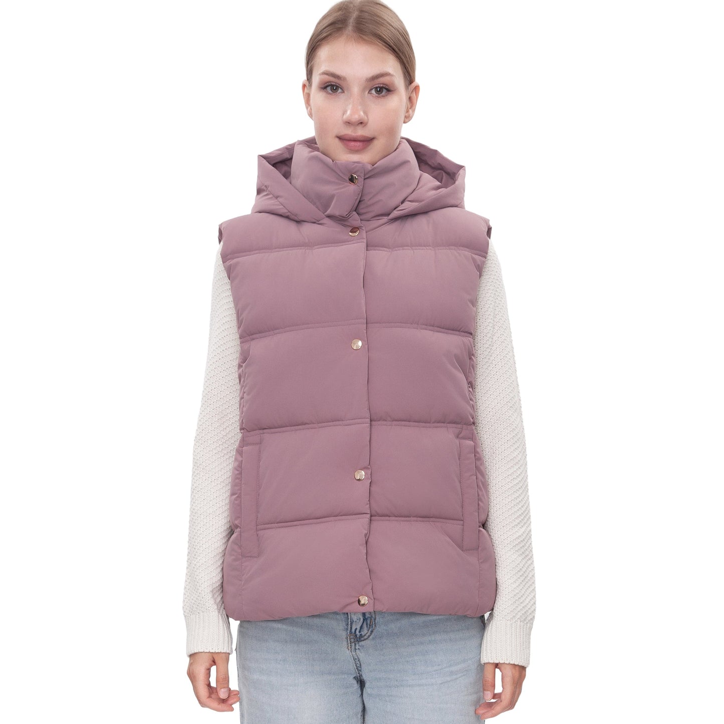 Women's Puffer Hooded Quilted Sleeveless Jacket Insulated Vest - Mauve Coats & Jackets Rokka&Rolla