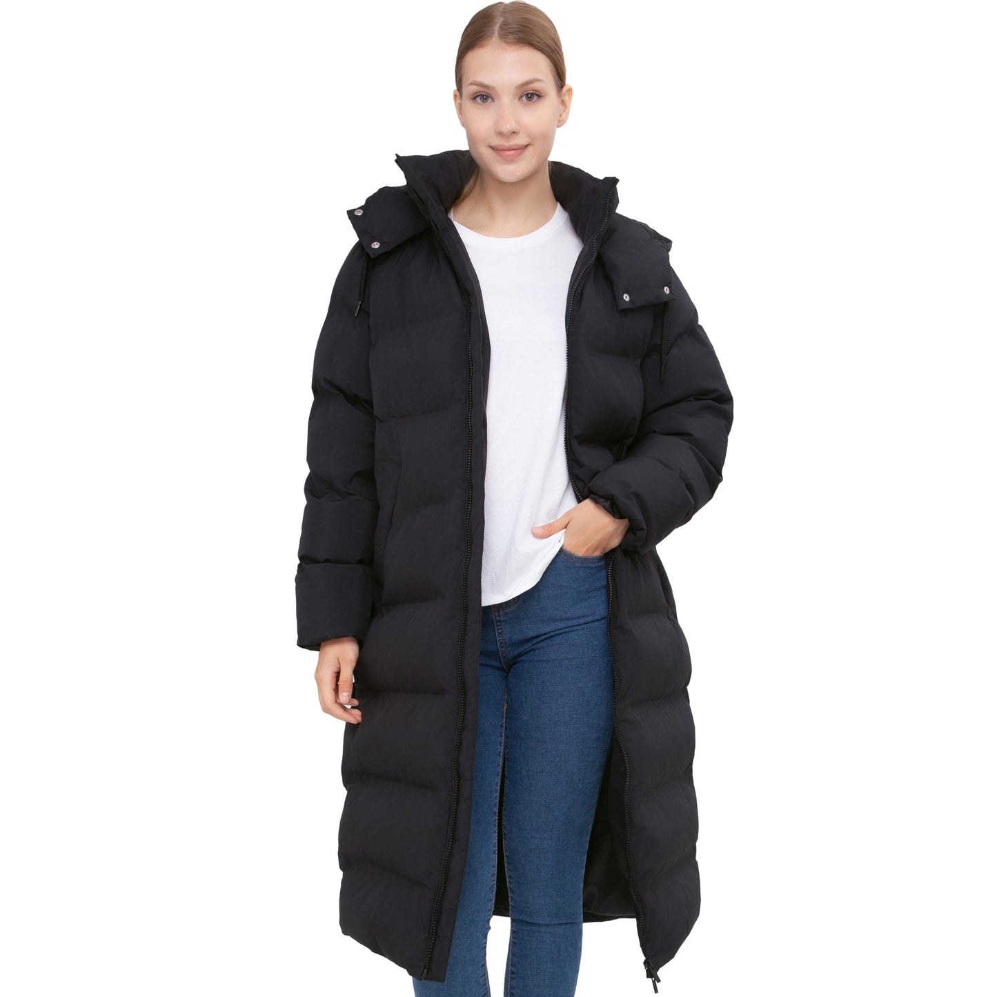 Women's Puffer Jacket Long Padded Coat Two Way Zipper Knee Length Warm Outerwear - Black Coats & Jackets Rokka&Rolla