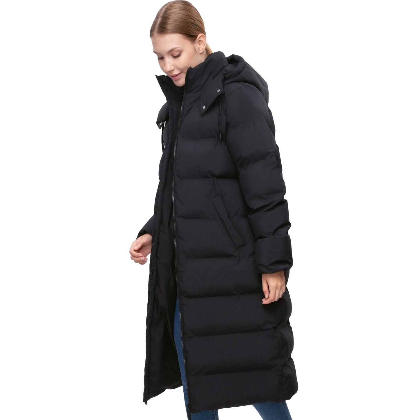 Women's Puffer Jacket Long Padded Coat Two Way Zipper Knee Length Warm Outerwear - Black Coats & Jackets Rokka&Rolla