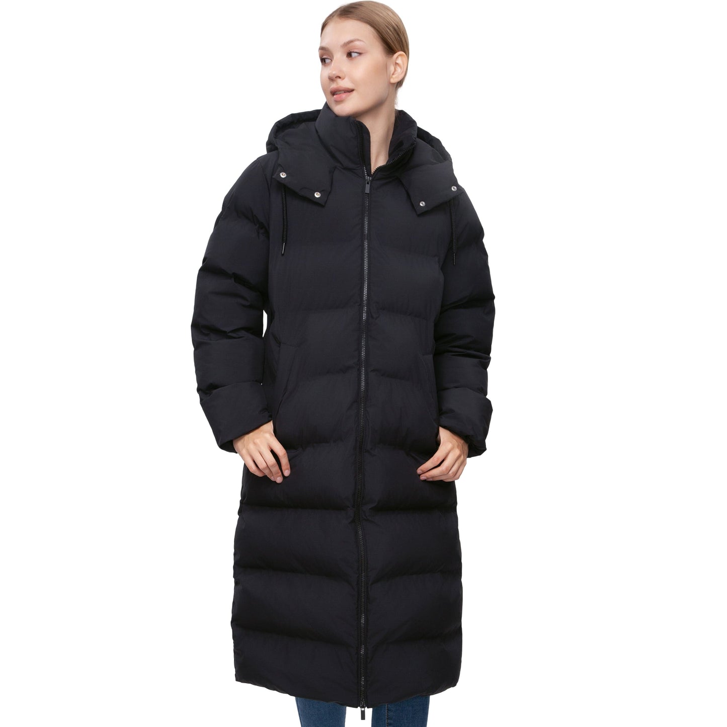Women's Puffer Jacket Long Padded Coat Two Way Zipper Knee Length Warm Outerwear - Black Coats & Jackets Rokka&Rolla