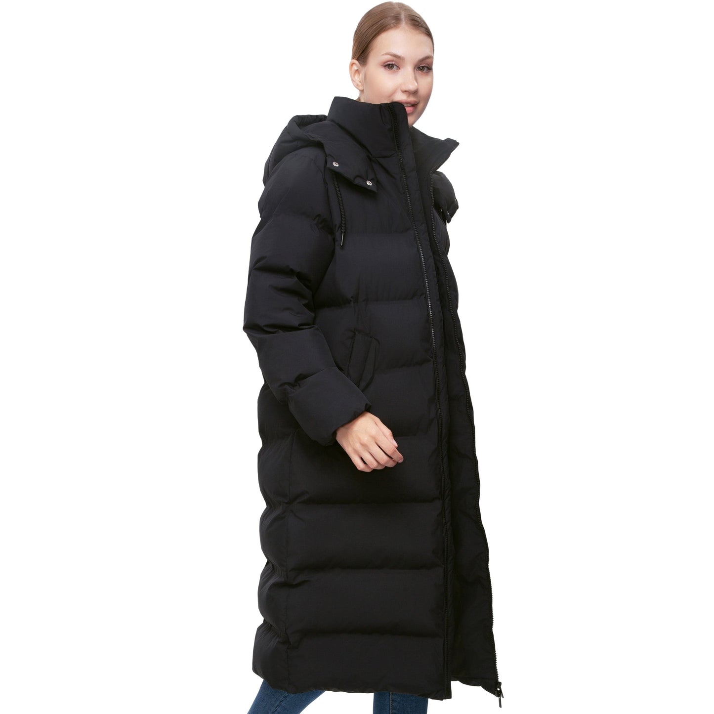 Women's Puffer Jacket Long Padded Coat Two Way Zipper Knee Length Warm Outerwear - Black Coats & Jackets Rokka&Rolla