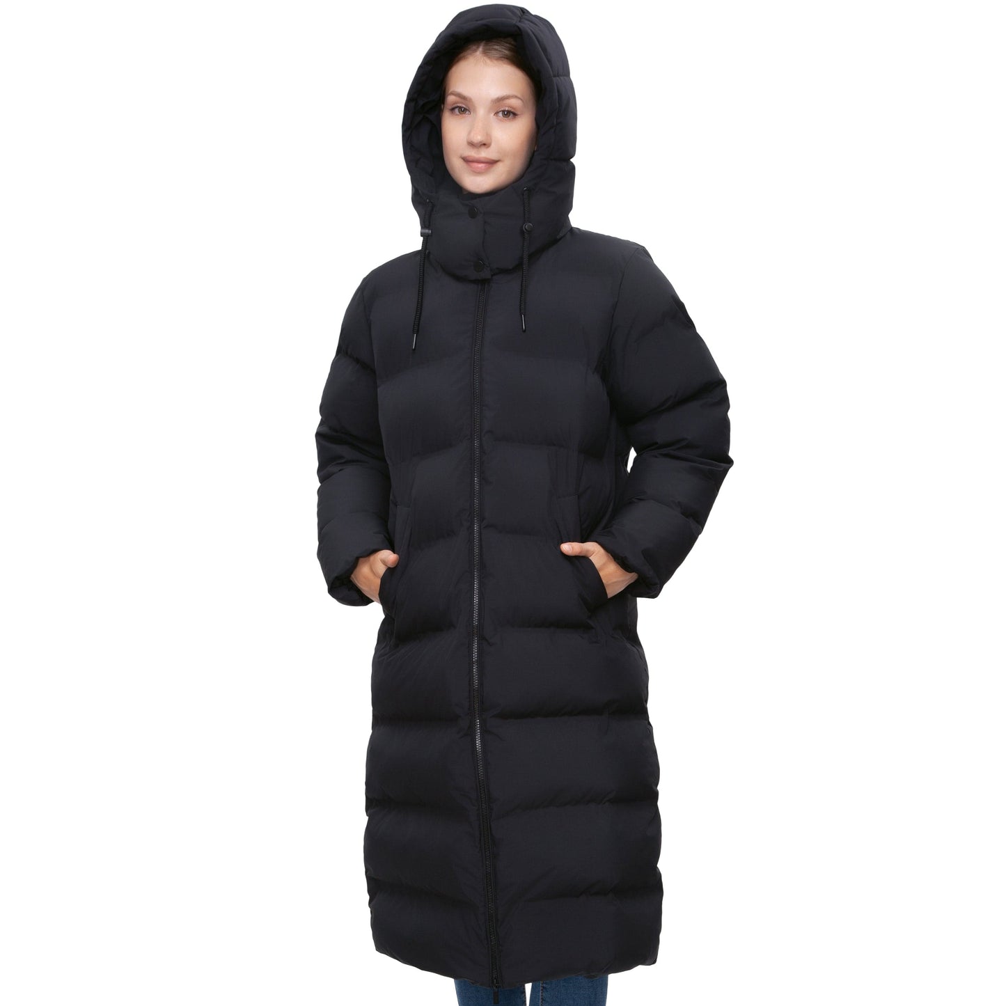 Women's Puffer Jacket Long Padded Coat Two Way Zipper Knee Length Warm Outerwear - Black Coats & Jackets Rokka&Rolla