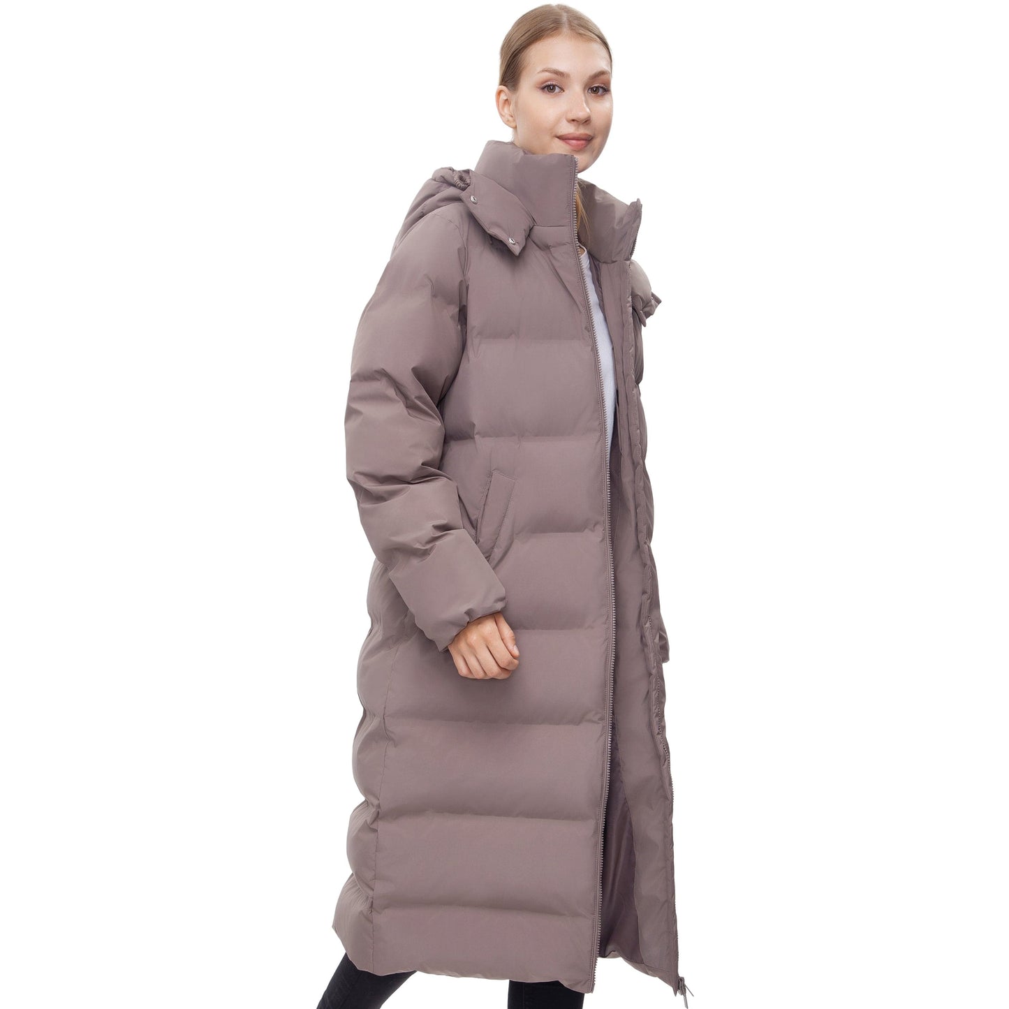 Women's Puffer Jacket Long Padded Coat Two Way Zipper Knee Length Warm Outerwear - Stone Coats & Jackets Rokka&Rolla