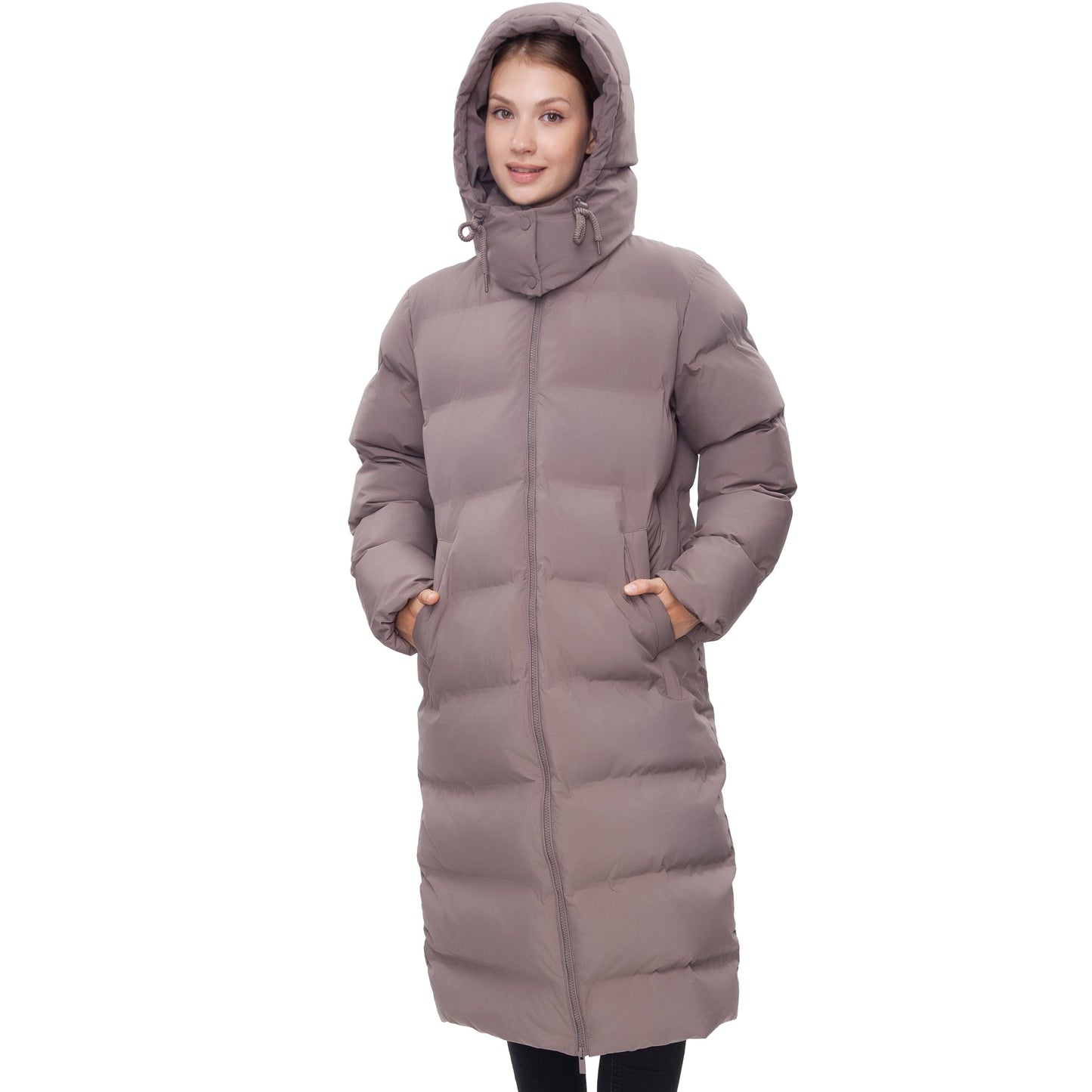 Women's Puffer Jacket Long Padded Coat Two Way Zipper Knee Length Warm Outerwear - Stone Coats & Jackets Rokka&Rolla