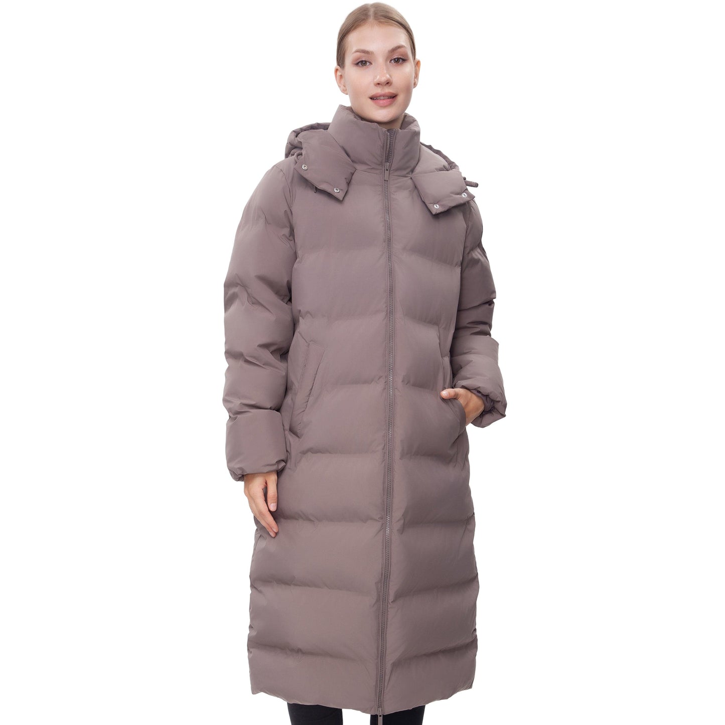 Women's Puffer Jacket Long Padded Coat Two Way Zipper Knee Length Warm Outerwear - Stone Coats & Jackets Rokka&Rolla