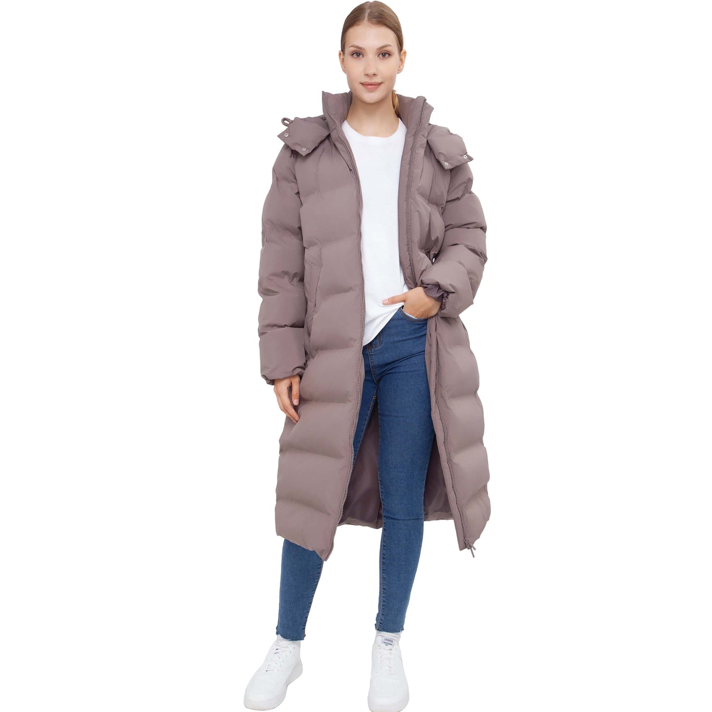 Women's Puffer Jacket Long Padded Coat Two Way Zipper Knee Length Warm Outerwear - Stone Coats & Jackets Rokka&Rolla