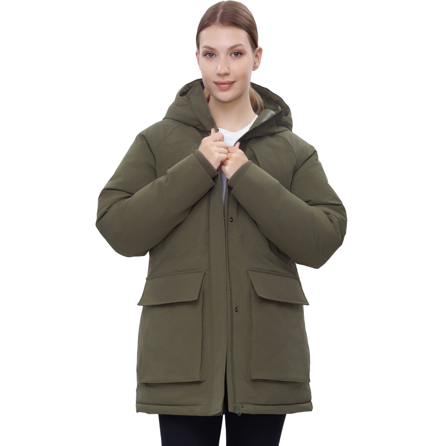 Women's Quilted Jacket Long Line Hip Length Insulated Outerwear - Olive Coats & Jackets Rokka&Rolla
