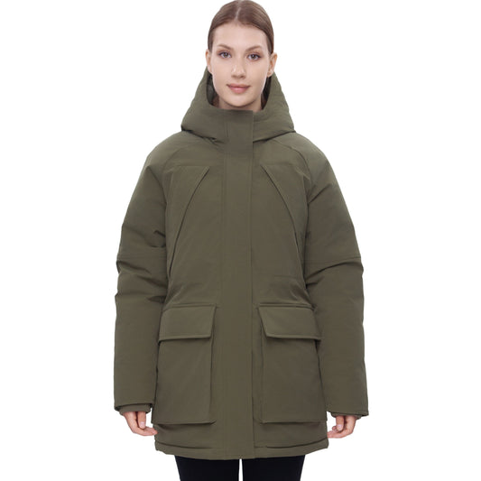 Women's Quilted Jacket Long Line Hip Length Insulated Outerwear - Olive Coats & Jackets Rokka&Rolla