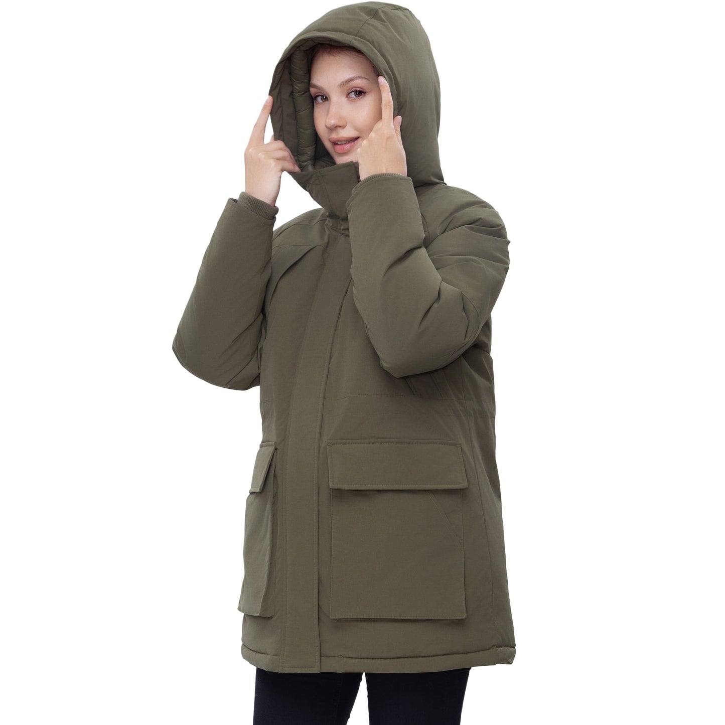 Women's Quilted Jacket Long Line Hip Length Insulated Outerwear - Olive Coats & Jackets Rokka&Rolla
