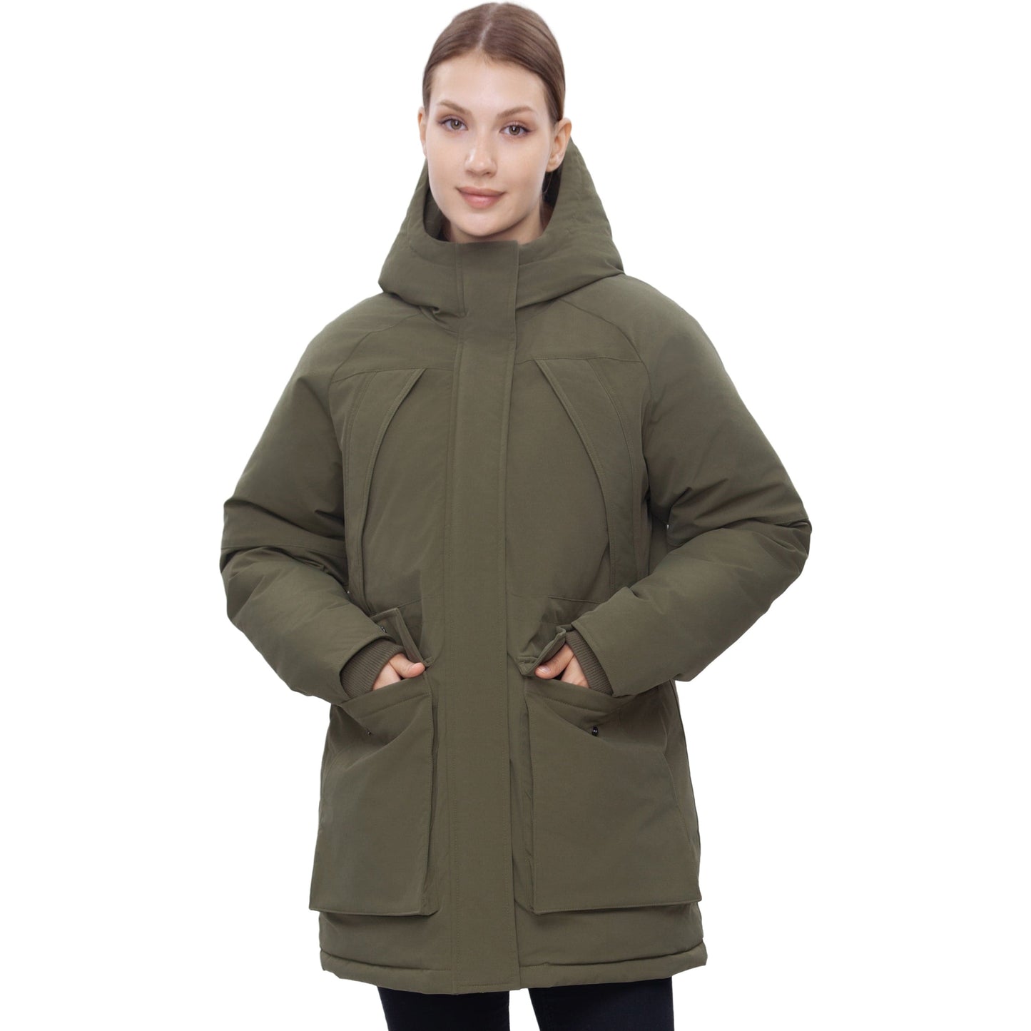 Women's Quilted Jacket Long Line Hip Length Insulated Outerwear - Olive Coats & Jackets Rokka&Rolla