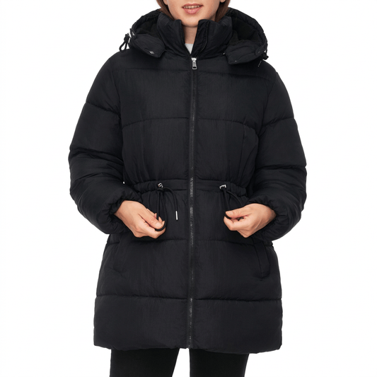 Women's Winter Puffer Jacket Cinch Waist Fleece Hood Parka Coat - Black Coats & Jackets Rokka&Rolla