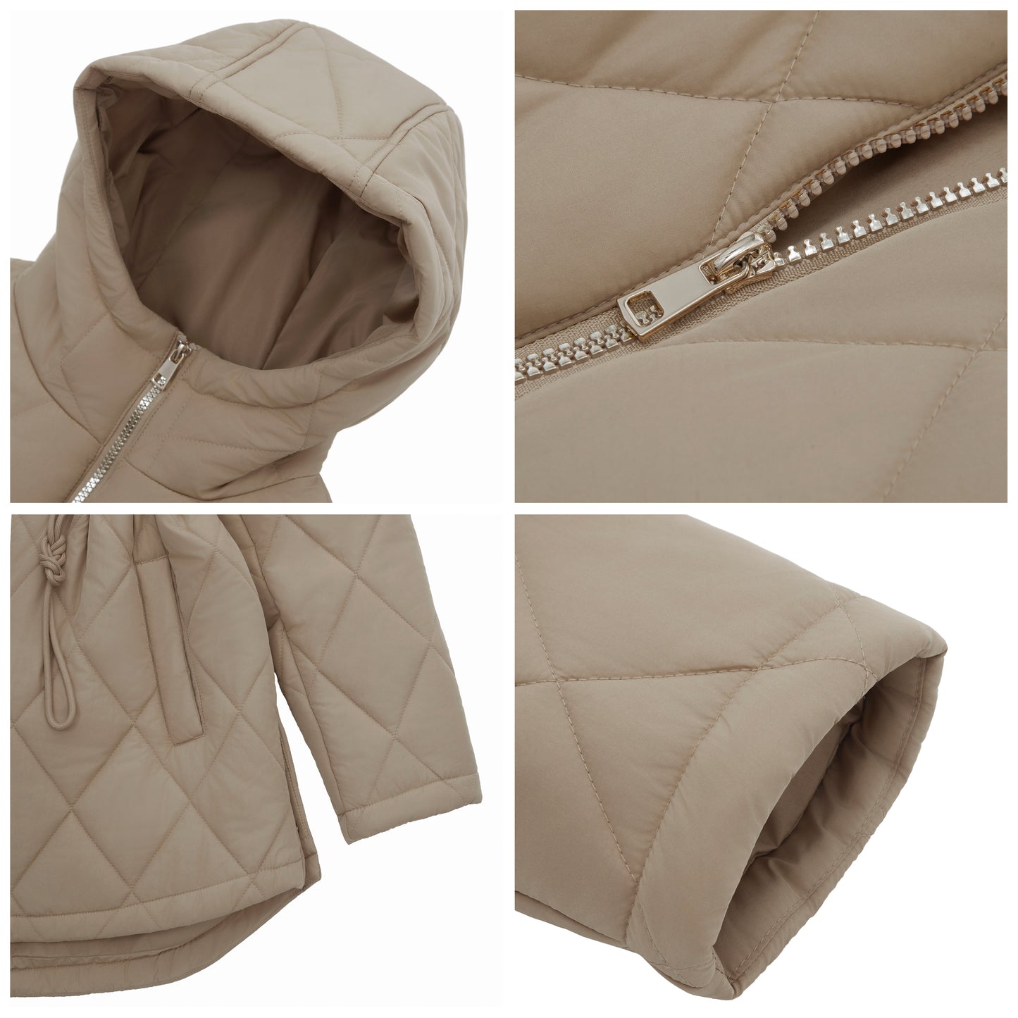 Women's Diamond Quilted Adjustable Hem and Waist Puffer Jacket - Khaki